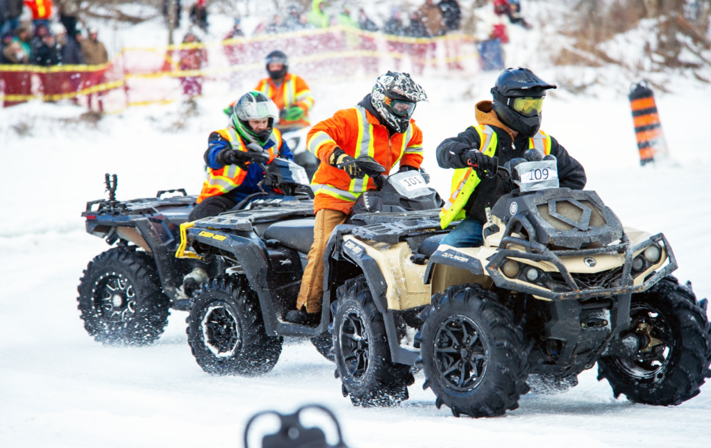 <p>RACE DAY AT LAKE HENNESSY- Blake Wannamaker (109) leads Jesse Doornbos and Brock Gregory during a 4×4 Non-Studded ATV Class heat at the first annual Winter Freeze at ‘Lake Hennessy’, a frozen oval off Upper Lake Street on Sunday.  Hundreds of fans and nearly 30 competitors turned out to watch and take part in the action. (Don Carr for the Gazette)</p>
