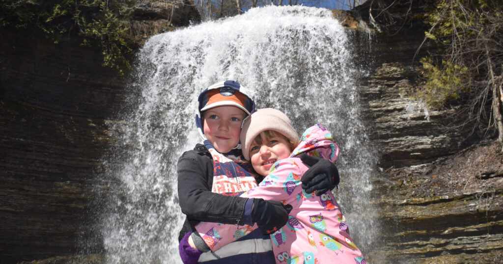 <p>Issac and Evie Sherstone of Brockville were just two of thousands who took in the Rotary Club of Picton’s annual Easter weekend Waterfall tour at (Pictured) Jackson’s Falls and Cape Vesey.  (Jason Parks/Gazette Staff)</p>
