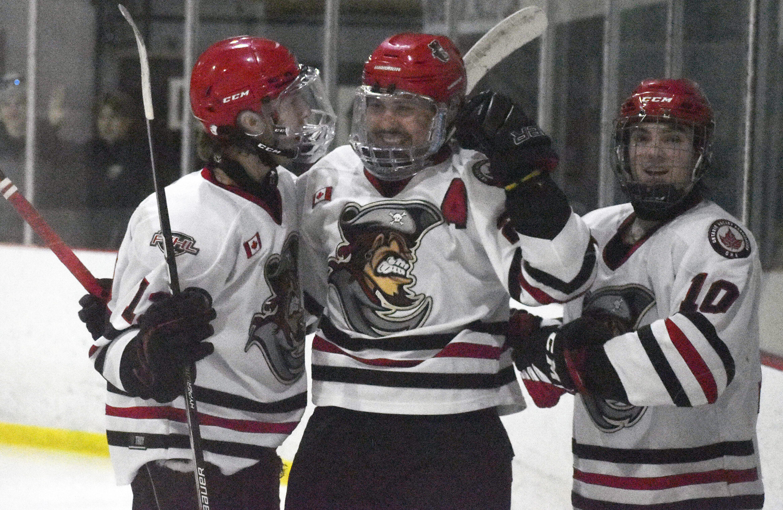 <p>(Left) Carter McKee and (Right) Cole Stevenson helped set up Jack Dow for the game winning goal in Game 3 of the Tod Division Finals in Picton Sunday night. (Gazette Staff)</p>
