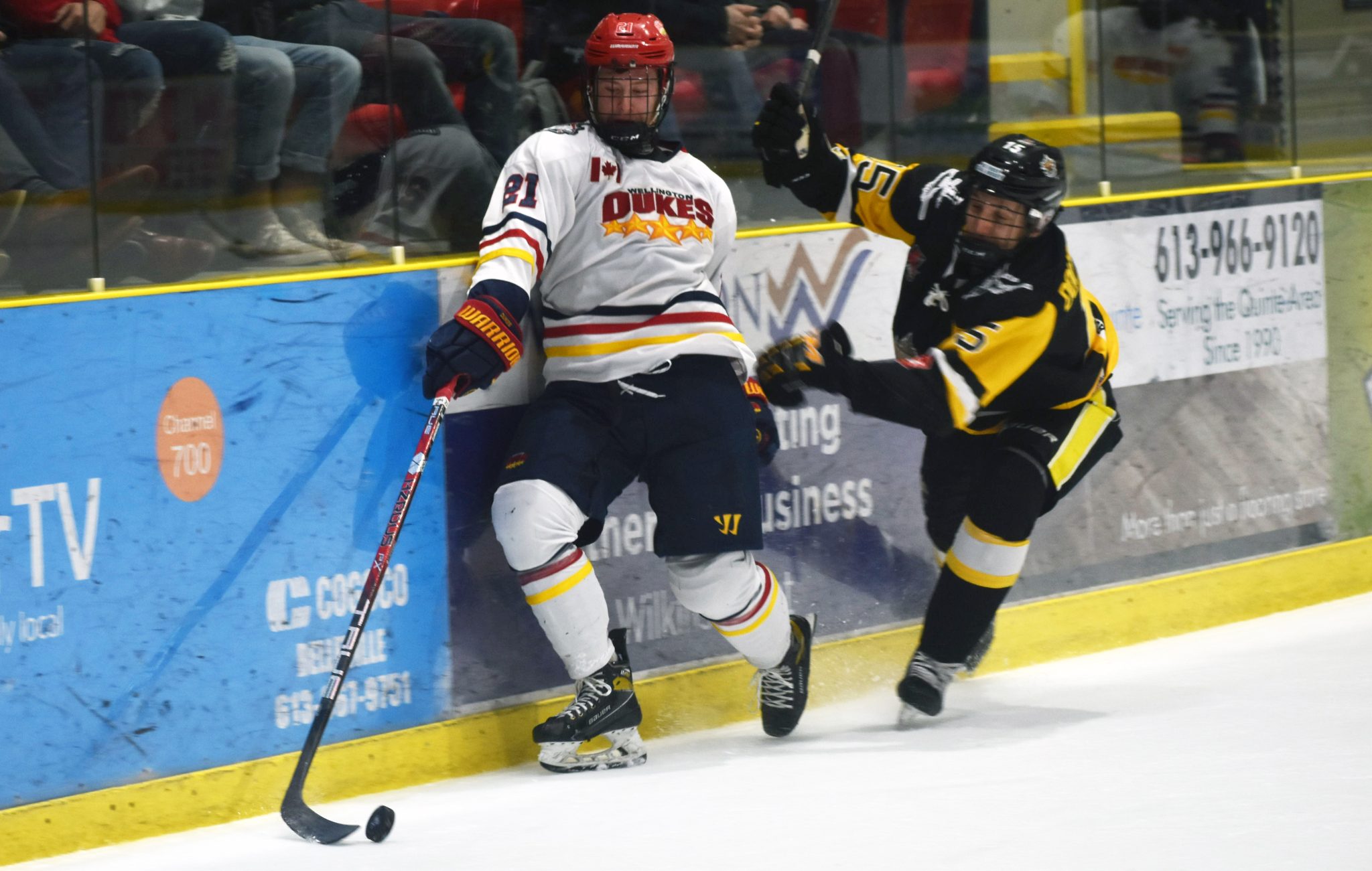 <p>Wellington’s Edward Moskowitz slips past Sami Douglas-Najem during Game 1 of the 2023 OJHL Southeastern Confrence finals. Moskowitz would score twice in 16 seconds in Game 2 to seal a Wellington win. (Jason Parks/Gazette Staff)</p>
