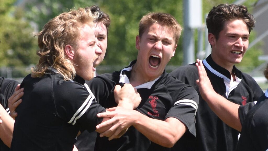 <p>Flanker Austin Stock and wing Liam Philip yell in celebration of the latter’s late game try in the 2023 Bay of Quinte Senior Boys Rugby finals at Mary Anne Sills Park on Wednesday. PECI defeated Nicholson 5-3 to win its first Sr. Boys Rugby championship. (Jason Parks/Gazette Staff)</p>
