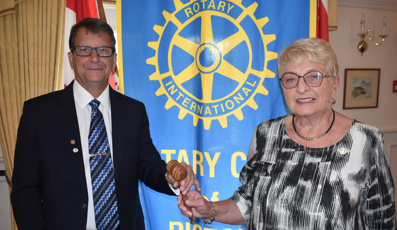 <p>Incoming President of the Rotary Club of Picton Don Leslie accepts the gavel from Past President Barb Proctor at the Club’s President night on Tuesday. (Jason Parks/Gazette Staff)</p>
