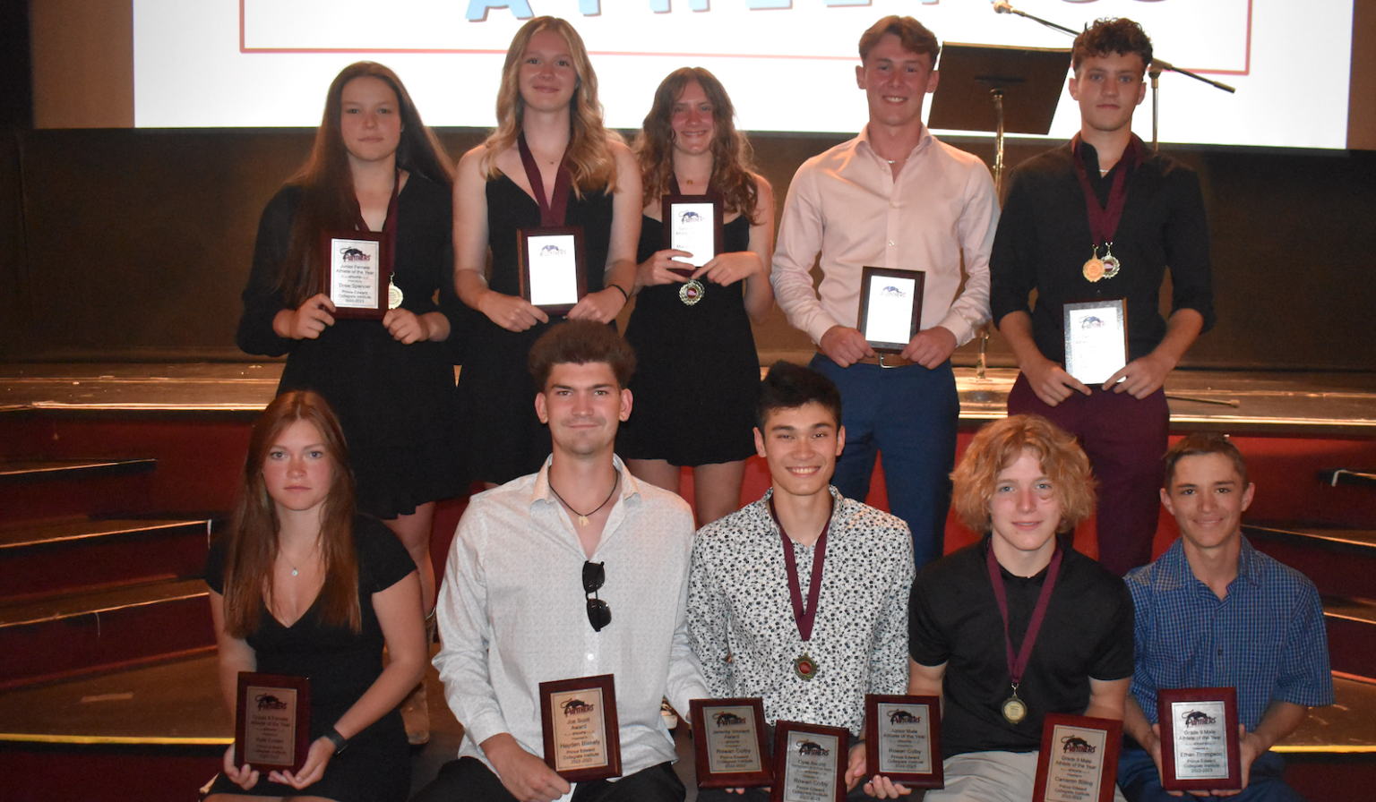 <p>A full slate of secondary school athletics in 2022-23 meant PECI returned to hosting their athletic awards gala at the Regent Theatre Tuesday. Major award winners included (Top, from left) Drew Spencer, Bethany Foster, Maeve Veenstra, Liam Rice, Riley Grimmon, (Bottom, from left) Kate Cowan, Hayden Blakeley, Rowan Colby, Cam Billing and Ethan Thompson. (Jason Parks/Gazette Staff)</p>
