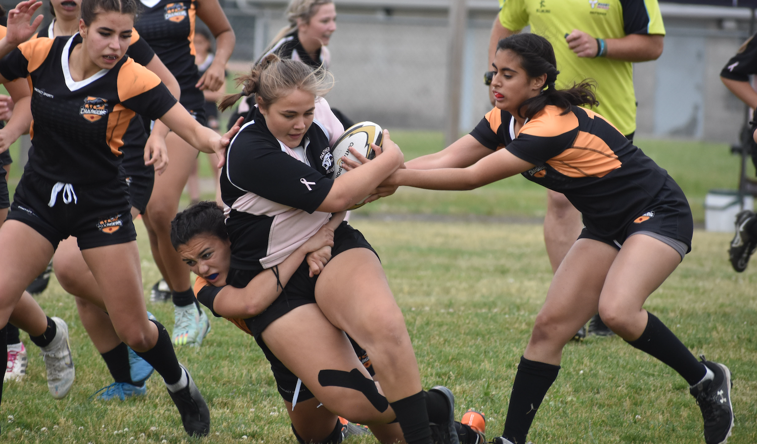 <p>PECI Junior Panther prop Katelyn Deroche tries to maintain a grip on the ball against the Garth Webb Secondary School Chargers during 2023 Barbarian Cup action at Centennial Secondary School Field on Sunday.  While the Panthers would fall in their opening game, they managed to top Streetsville 29-5. (Jason Parks/Gazette Staff)</p>
