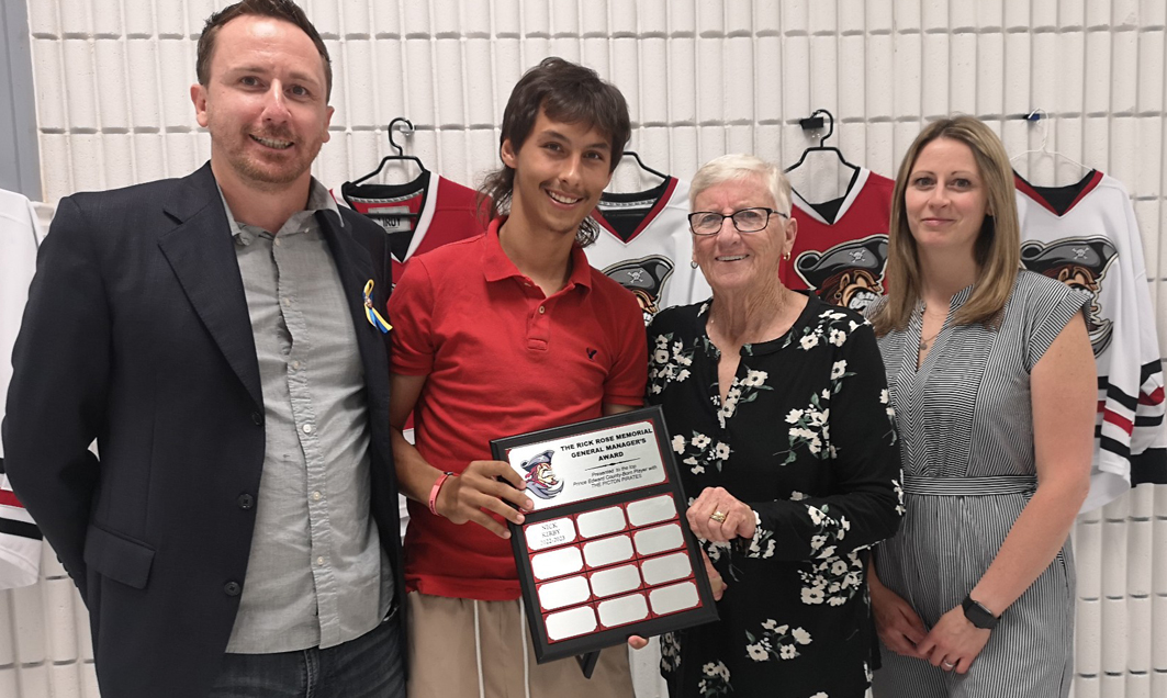 <p>County’s Best-  Nick Kirby accepted the Rick Rose Memorial General Manger’s Award from Mark, Sue and Erin Rose. Kirby was judged as the top County-born Pirate in 2022-23.  (Gazette Staff)</p>
