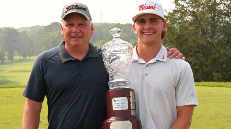 <p>LIKE FATHER, LIKE SON- 1989 Ontario Amateur champion Mike Pero congratulates 2023 winner and son Cameron on winning the Gary Cowan Trophy. (Ontario Golf photo)</p>
