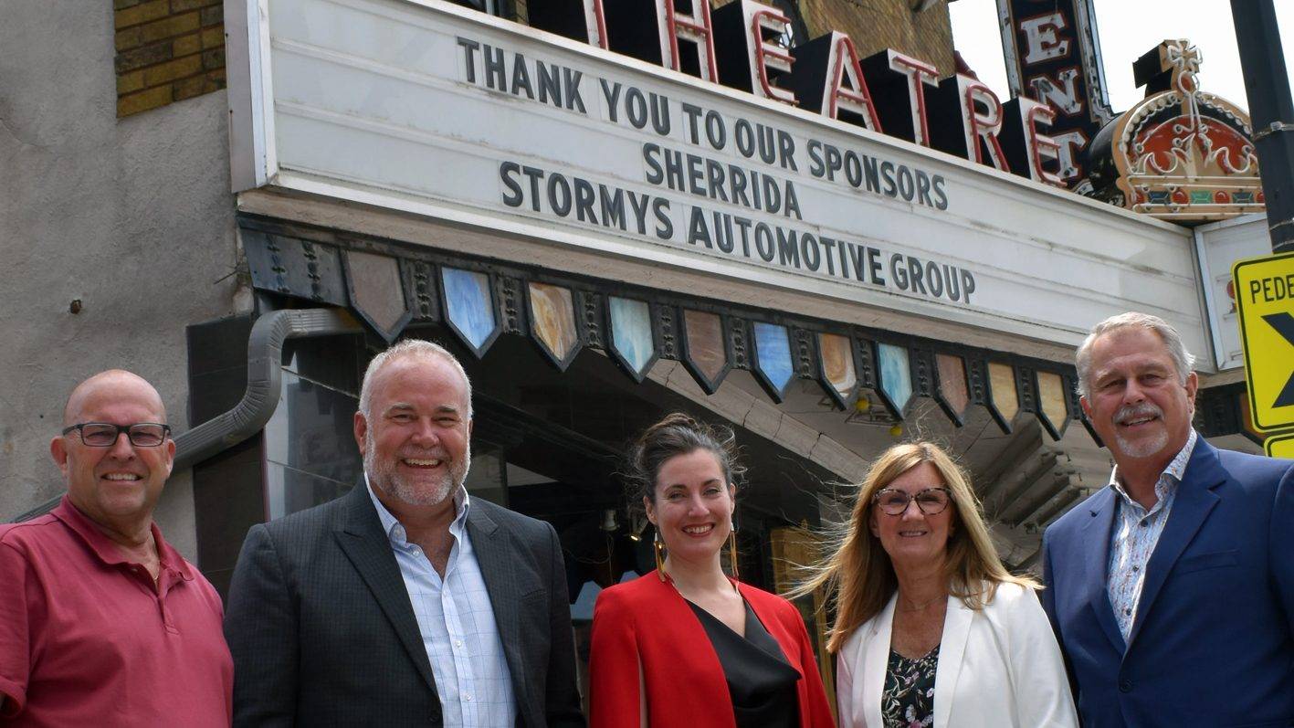 <p>A COMING ATTRACTION TO HISTORIC REGENT THEATRE-County of Prince Edward Mayor Steve Ferguson, Bay of Quinte MPP Todd Smith, Regent Theatre’s Alexandra Seay, ROC Youth Service’s Darlene Thompson and Neil Lumsden, Ontario’s Minister of Tourism, Culture and Sport were at the Regent Wednesday to announce the latest round of Ontario Trillium Foundation grant funding.  (Jason Parks/Gazette Staff)</p>
