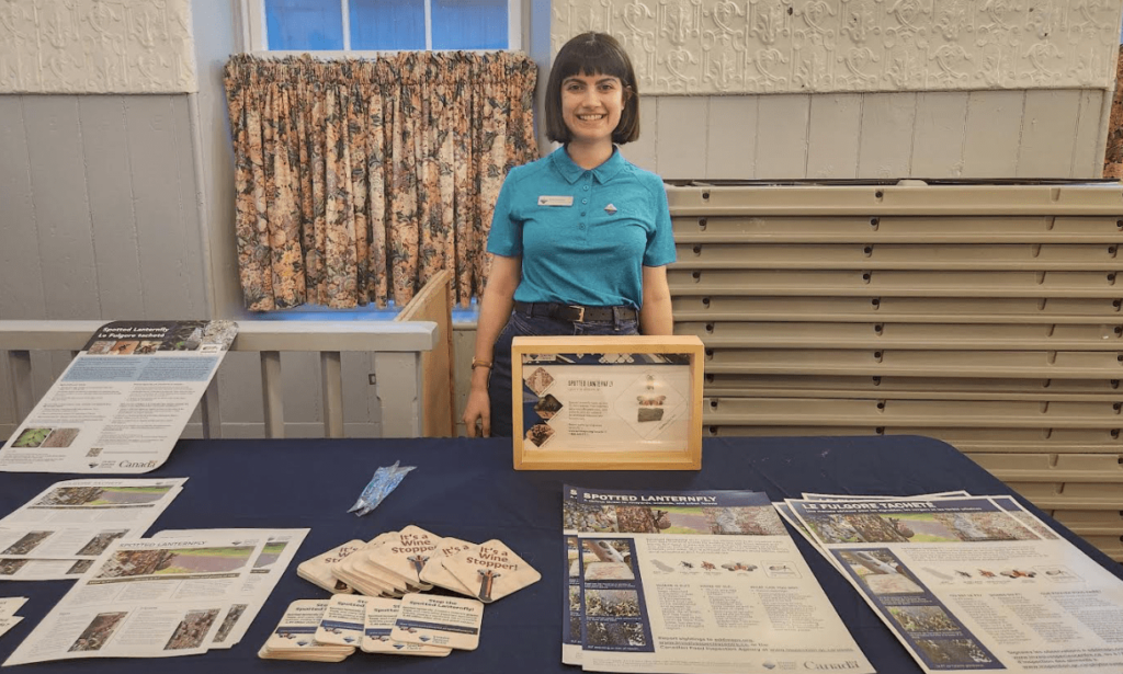<p>Invasive Species Centre program development coordinator Emily Posteraro provided information on the Spotted Lanternfly, a potentially invasive species at the Bloomfield Town Hall Thursday. (Anna Suz for the Gazette.)</p>
