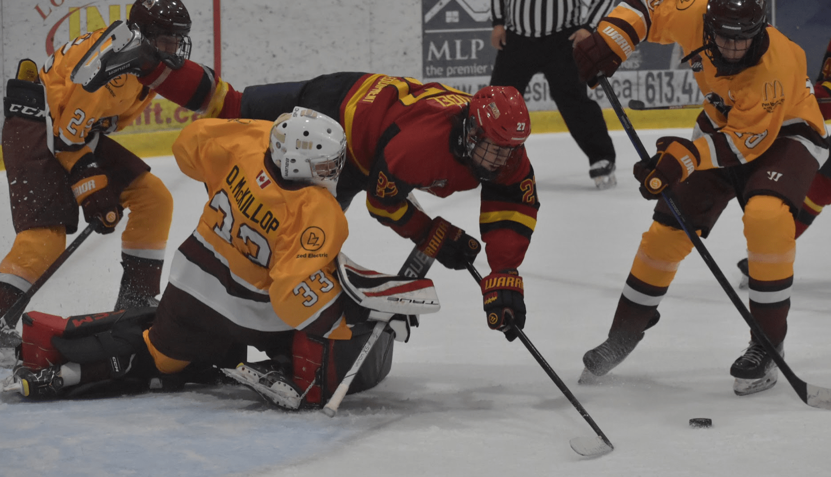 <p>GONE FLYING- Dukes forward Sacha Trudel smashes into Caledon Admiral netminder Austin McKillop during a 2023 game at Lehigh Arena. (Jason Parks/Gazette Staff)</p>
