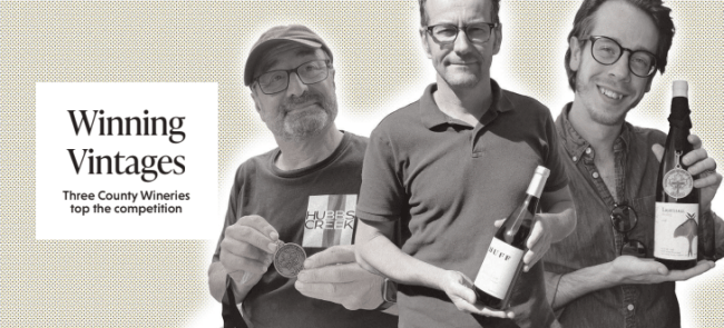 <p>Gold medal winners of WineAlign’s 2023 National Wine Awards of Canada: From left, Battista Calvieri of Hubbs Creek Vineyard, Frédéric Picard of Huff Estates Winery; Chris Thompson of<br />
Lighthall Vineyards — (Chris Fanning and Jason Parks/Gazette Staff)</p>
