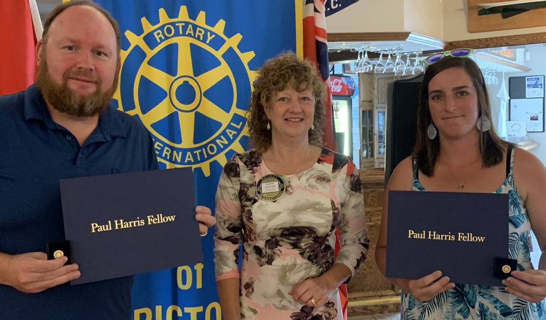 <p>FELLOWSHIP (Centre) Rotarian Joanne Coker presents Gazette Editor Jason Parks and former staff writer Desirée Decoste with Paul Harris Fellow awards at a recent meeting. (Submitted Photo)</p>
