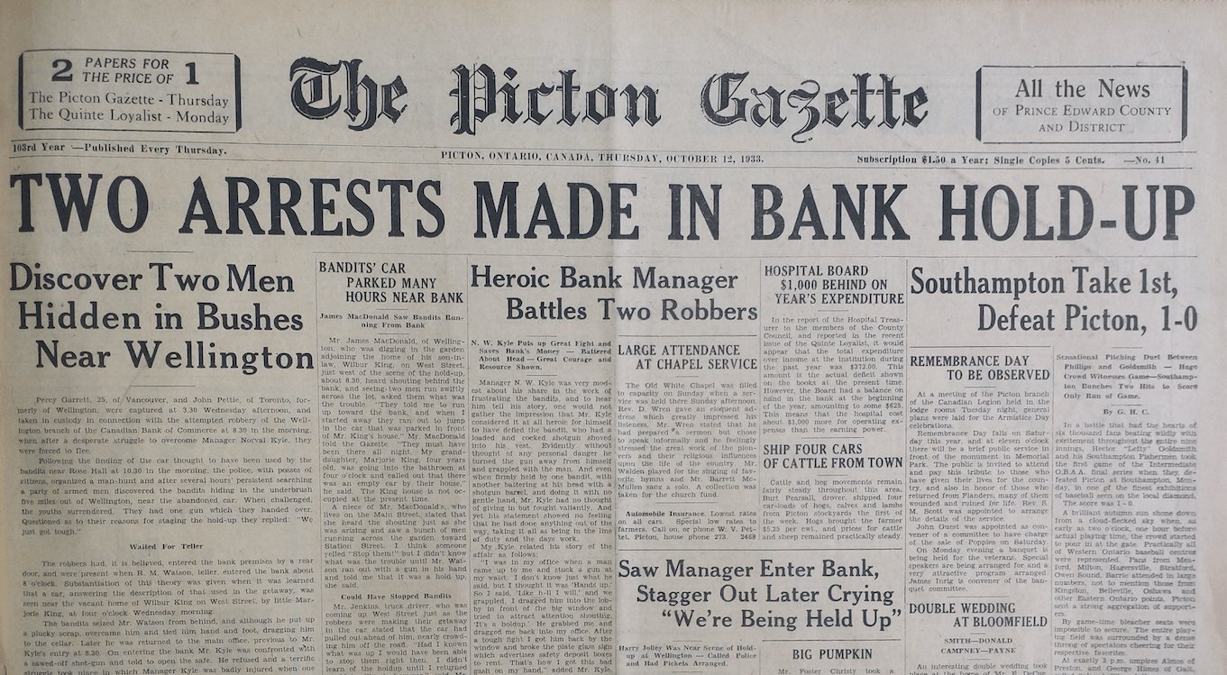 Wellington Bank Hold-up, 1933 - Picton Gazette | The Picton Gazette