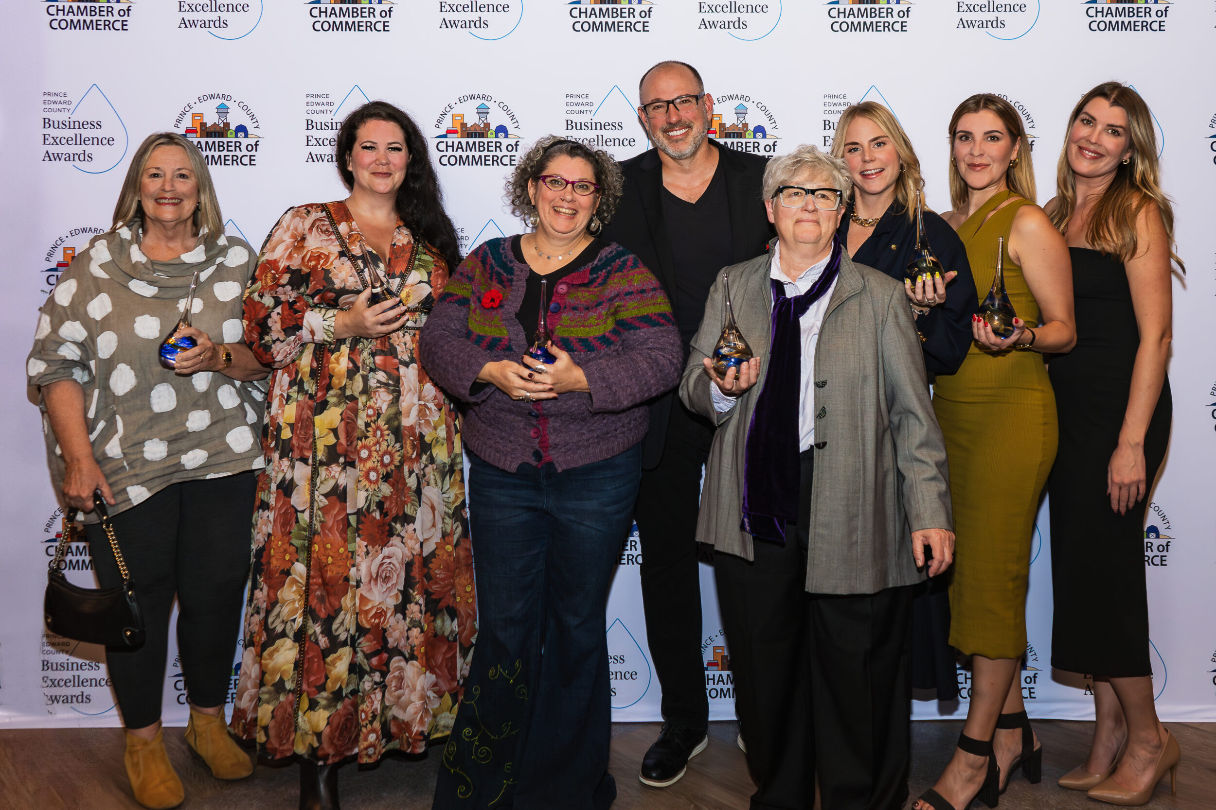 <p>THE WINNER’S CIRCLE: Business Excellence Award winners Jane Wollenberg, Lindsay McCallister, Lesley Snyder, Carson Arthur, Carlyn Moulton, Cana Charles, Emma Woodman and Annie Woodman gathered at the Cape Thursday to celebrate their success. (Onelook Productions)</p>
