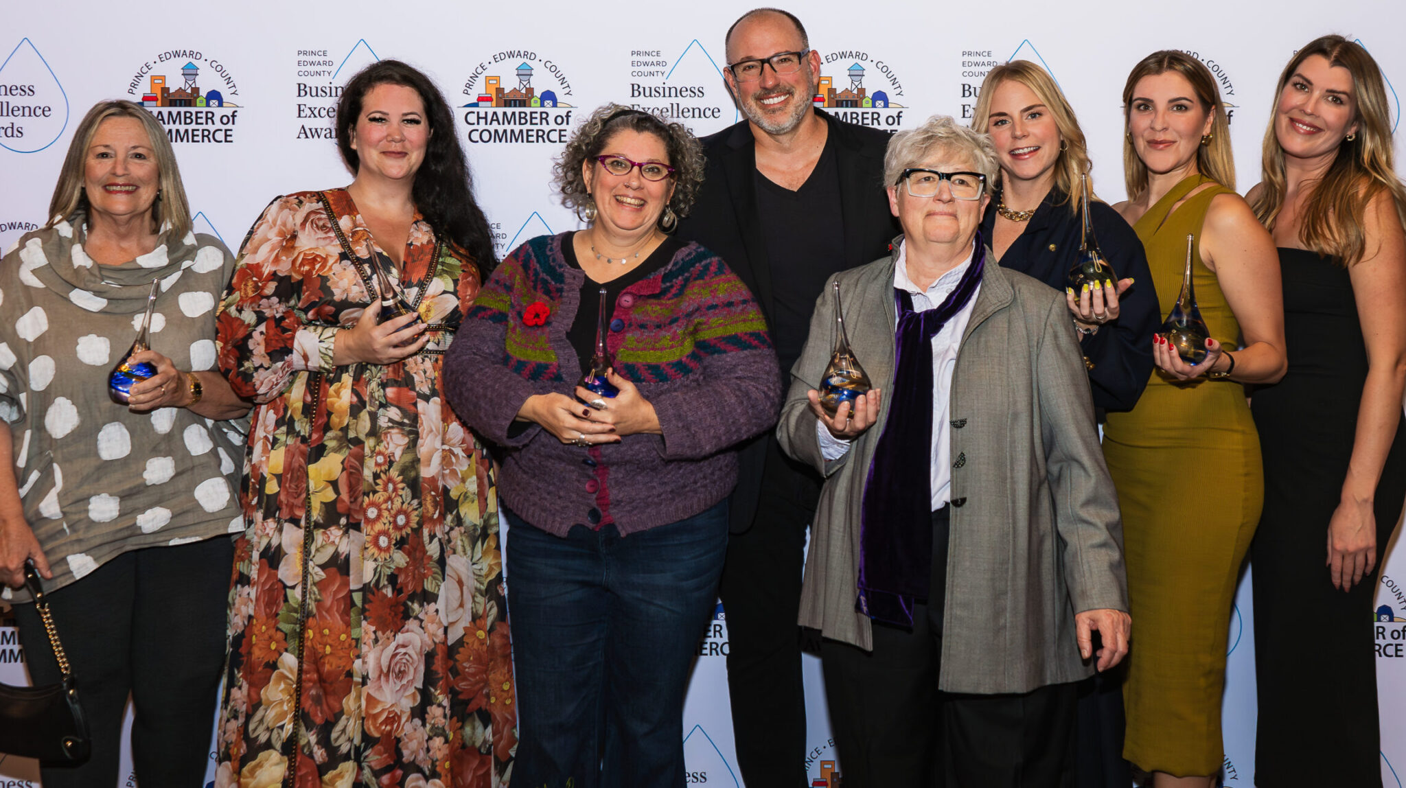 <p>THE WINNER’S CIRCLE: Business Excellence Award winners Jane Wollenberg, Lindsay McCallister, Lesley Snyder, Carson Arthur, Carlyn Moulton, Cana Charles, Emma Woodman and Annie Woodman gathered at the Cape Thursday to celebrate their success. (Onelook Productions)</p>
