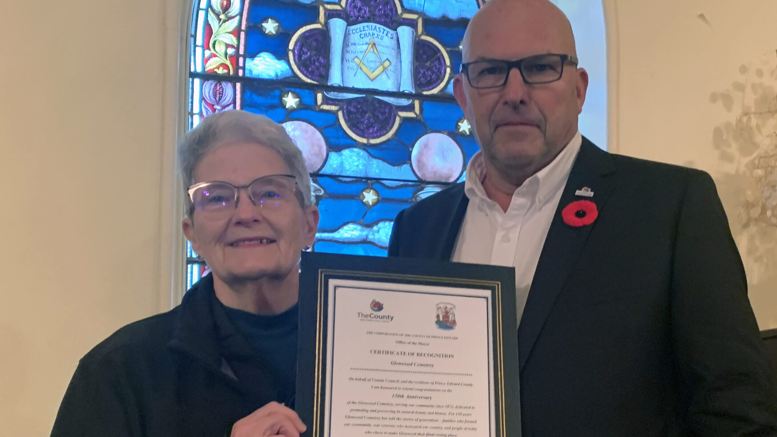 <p>CELEBRATING 150 YEARS- Mayor Steve Ferguson joined Glenwood Chair Sandy Latchford at the cemetery’s chapel last week to commemorate the 150th years of operations. (Jason Parks/Gazette Staff)</p>
