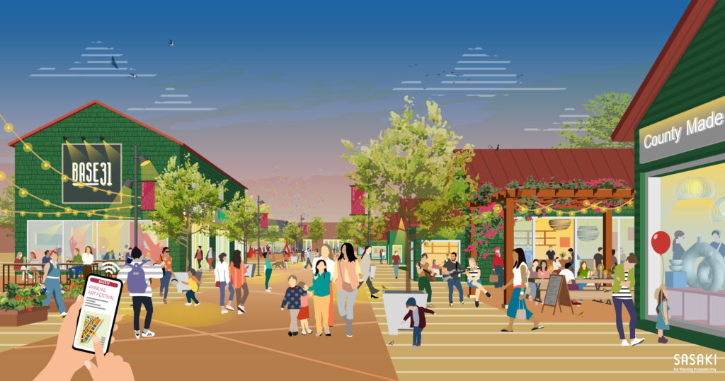 <p>Artist’s rendering of the proposed Revitalization District at Base31, supplied by Sasaki. </p>
