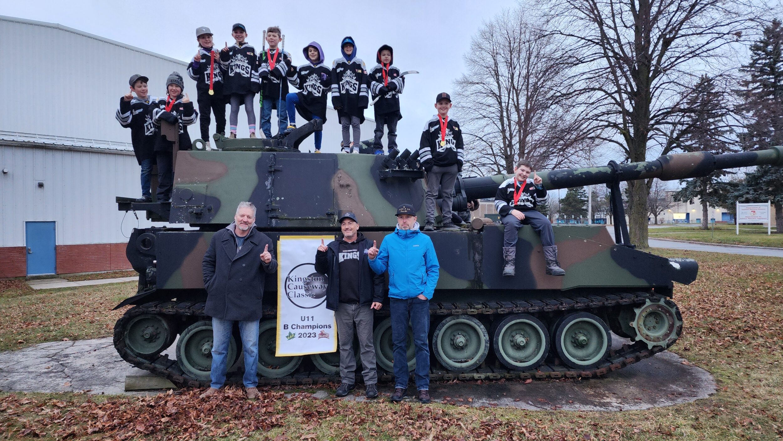 <p>The 2023 U11 Kingston Church Athletic League Causeway Classic Champions representing Prince Edward County. Top row from left: Hunter Coombs, Niko Cordes, Oliver Hryhorsky, Sadie Adams, Lane Bulten, Fenix Chetwynd, Casper Chetwynd, Landon Hanthorn, Hudson Mann and Ollie Sager. Bottom, from Left: Staff members Al Sager, Jason Morris and Adam Mann. (Submitted Photo)</p>
