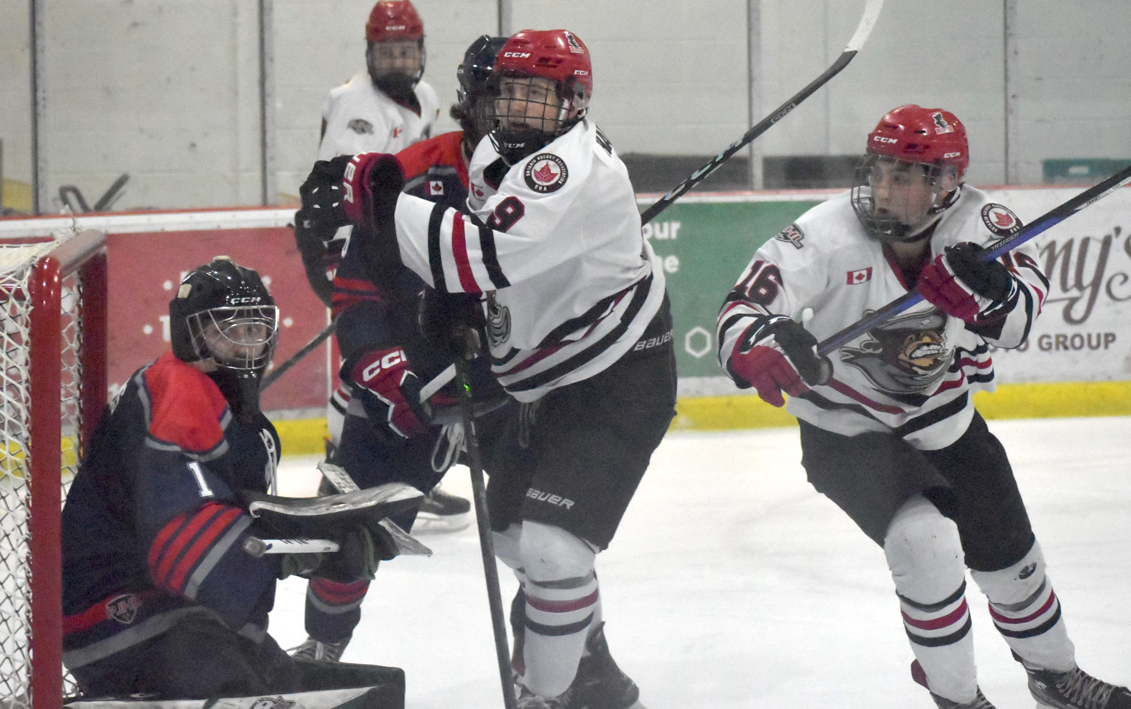 <p>Despite plenty of activity around him, Port Hope net minder Dominic Marquis was able to blank the likes of (From left) Ian Harrison and Gerrit Kempers in a 5-0 Panthers win. (Jason Parks/Gazette Staff) </p>

