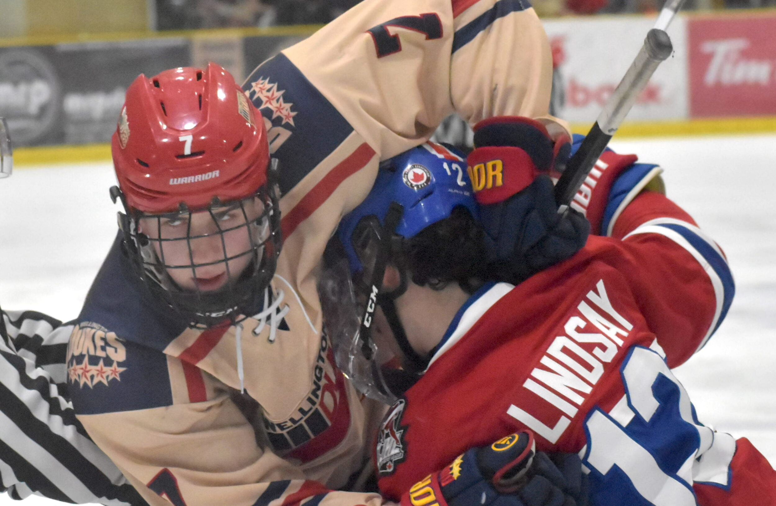 <p>Wellington Duke Connor Hunt had a tougher time of it in Game 2 of his team’s best-of-seven series against Ethan Lindsay and the Toronto Jr. Canadiens. (Jason Parks/Gazette Staff)</p>

