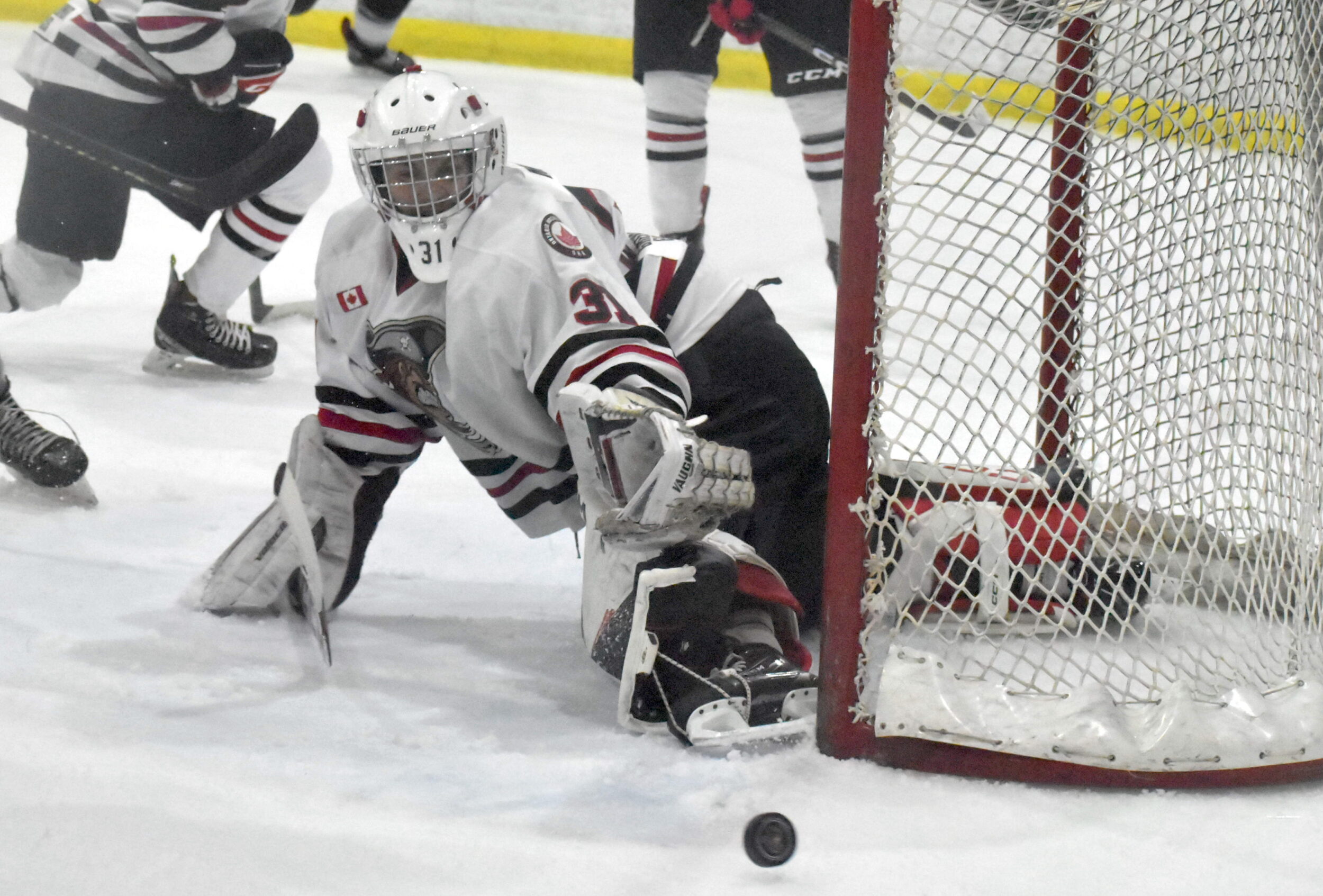 <p>Nic McGrayne stretches out to make a save in Game 6. (Jason Parks/Gazette Staff)</p>
