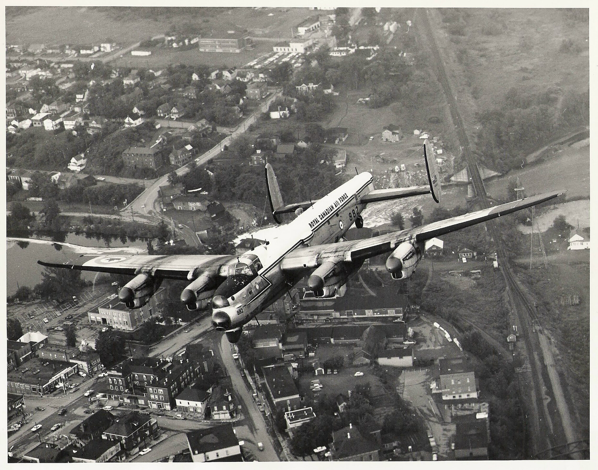 <p>The Avro Lancaster KB 882, over Edmundston, New Brunswick (Photo courtesy of the Department of National Defence/National Air Force Museum of Canada)</p>
