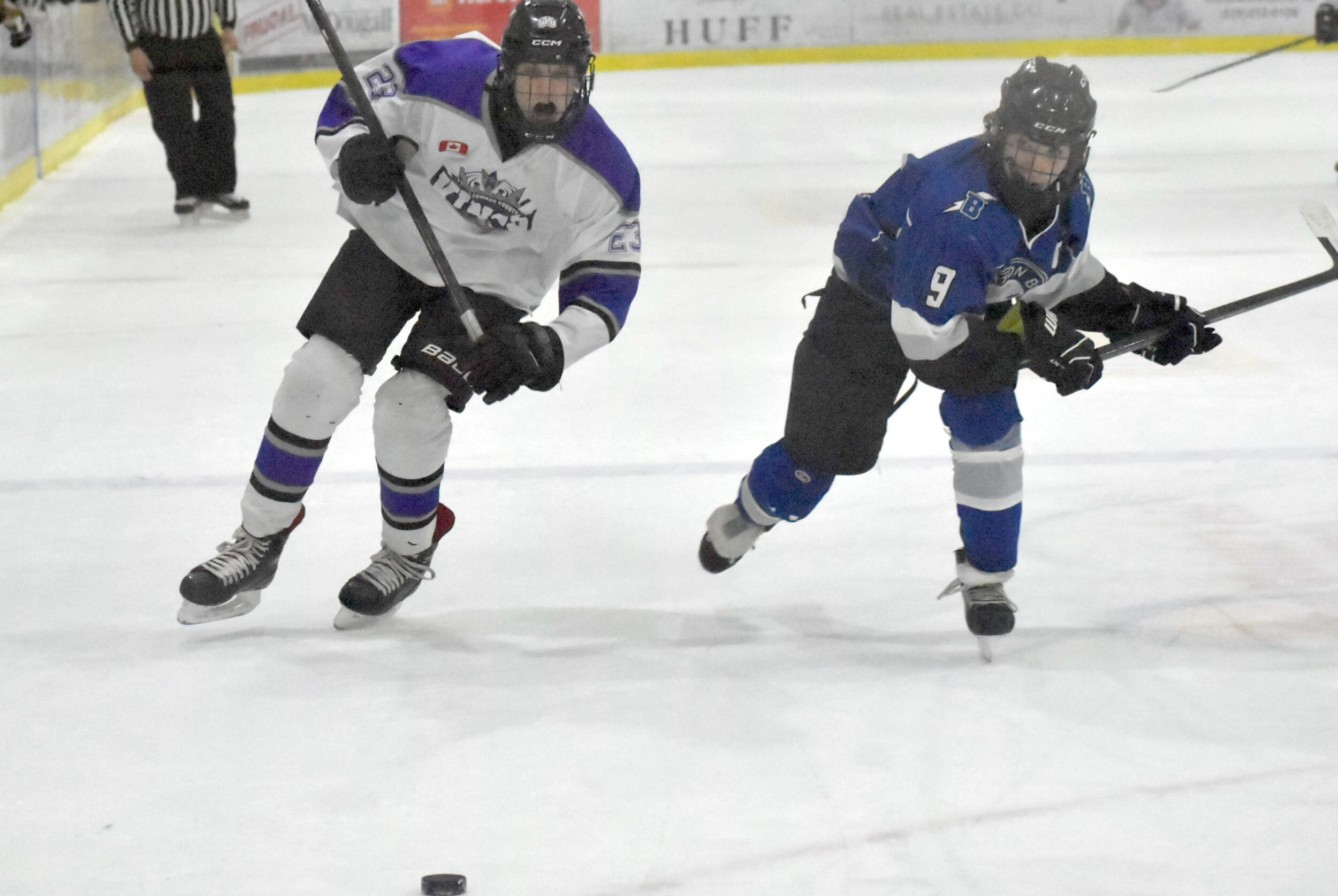 <p>Heidelberg Materials Kings forward Wyatt Kingsley battles Brighton Bolts captain Elijah Reid for a loose puck. (Jason Parks/Gazette Staff)</p>

