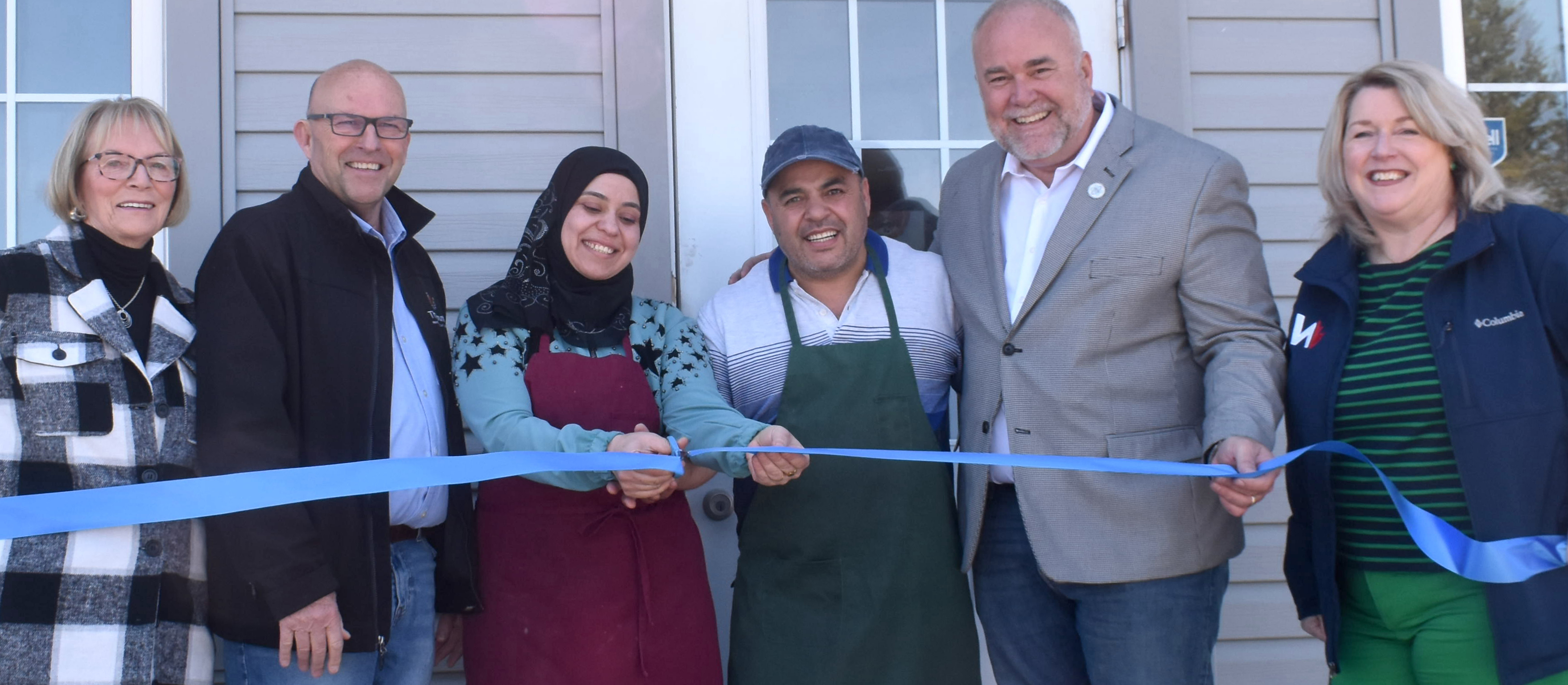 <p>Celebrating the grand opening of Nasr’s Falafel last month were (From left) Rossmore Plaza owner Pat Reid, Mayor Steve Ferguson Nabiha and  Nasr Mostafa, MPP Todd Smith and Ingrid Moore representing MP Ryan Williams. (Jason Parks/Gazette Staff)</p>
