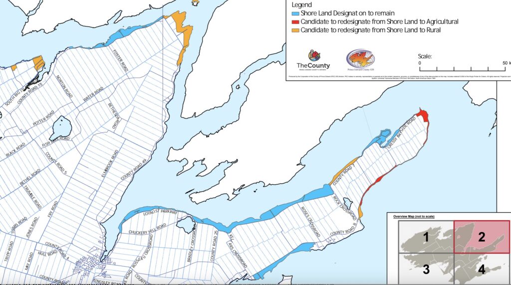 <p>Shorelands are in blue. Red and yellow areas designate Shorelands that are candidates for<br />
re-designation, either to Agricultural (red) or Rural (yellow). (Prince Edward County)</p>
