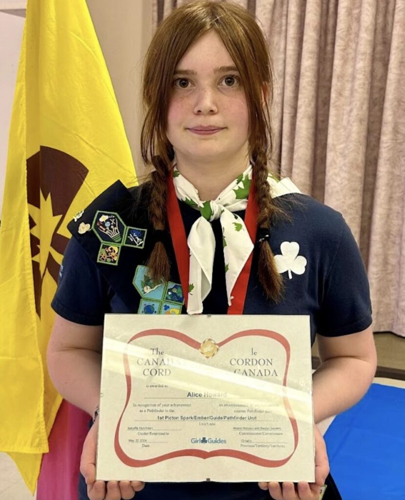 <p>Waupoos Pathfinder Persephone Howard was presented with the Canada Cord last month.(Supplied Photo)</p>
