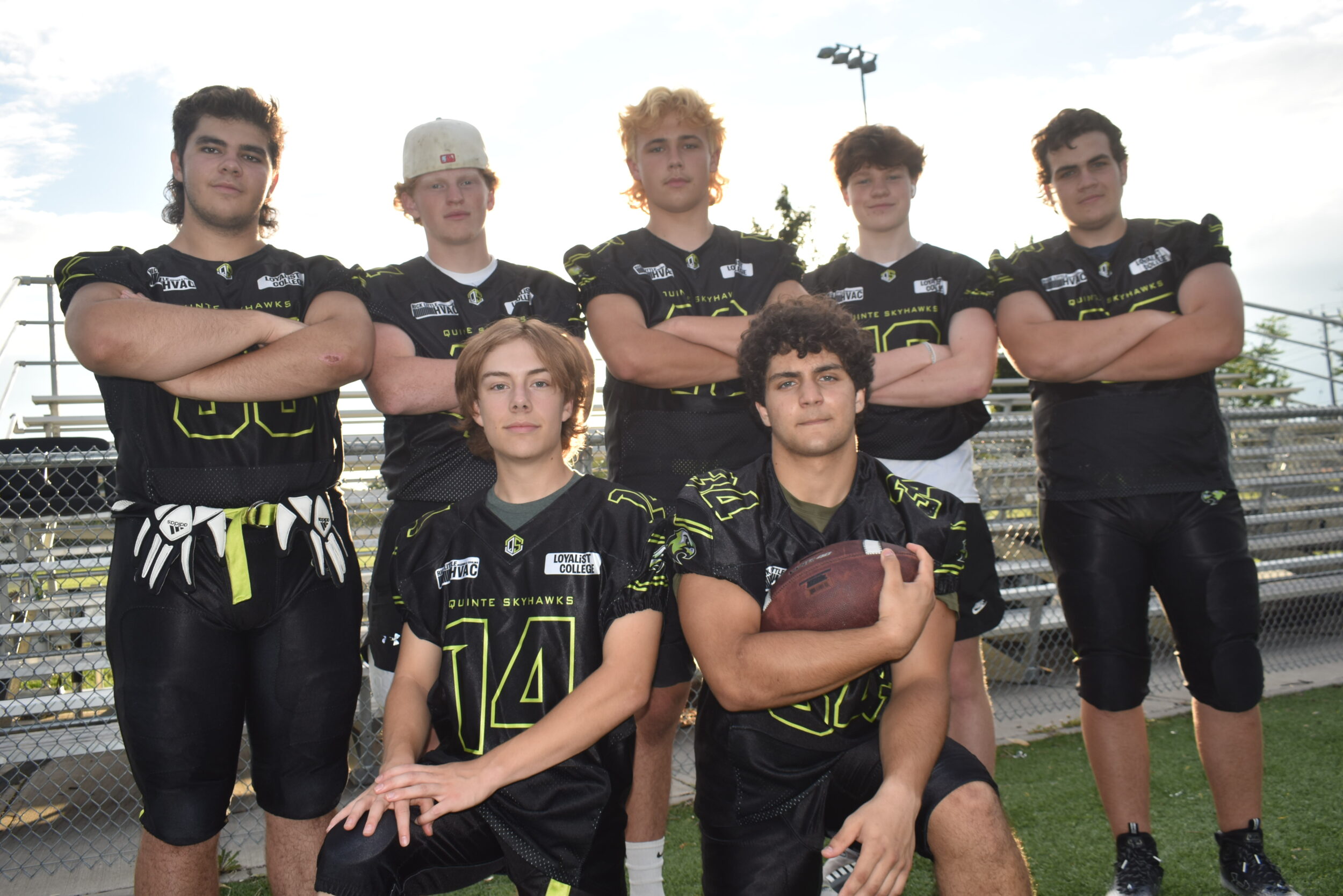 <p>The play of County residents (Top, from left) Kieran Craig, Seth Lowery, Ben Brunette, Jacob Zielski, Austin Raycroft, (Bottom, from left) Spencer Henshaw, and Niko Papadopoulos is part of the reason the U16 Quinte Skyhawks are eyeing an Ontario Summer Football League title. (Jason Parks/Gazette Staff)(Jason Parks/Gazette Staff)</p>
