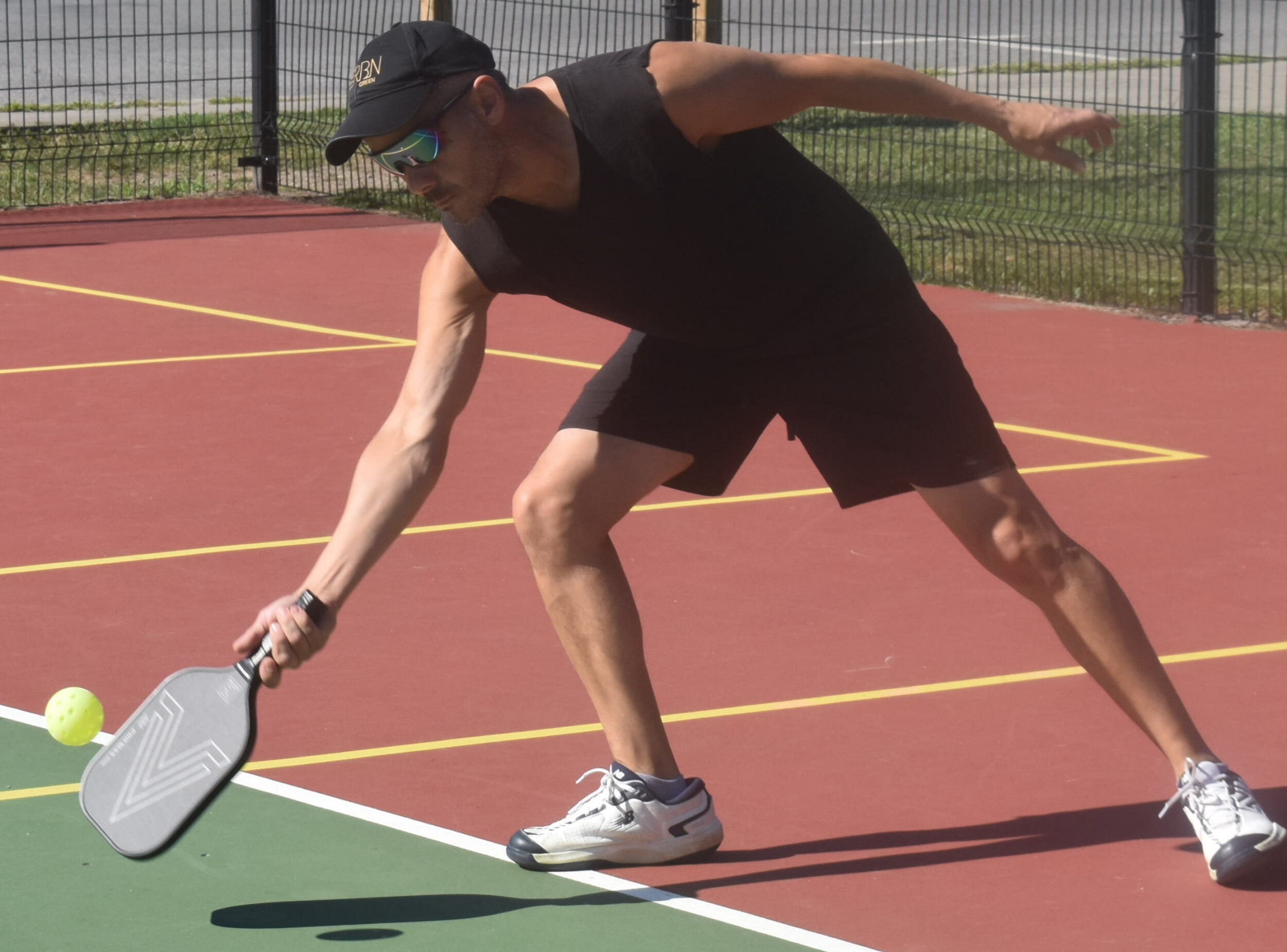<p>Prince Edward pickelballer Carlos Herrera digs out a volley during afternoon action at the Benson Park<br />
courts on Wednesday. Over 150 pickleball players will be taking part in a two-day tournament at Huff<br />
Estates Arena this weekend. (Jason Parks/Gazette Staff)</p>
