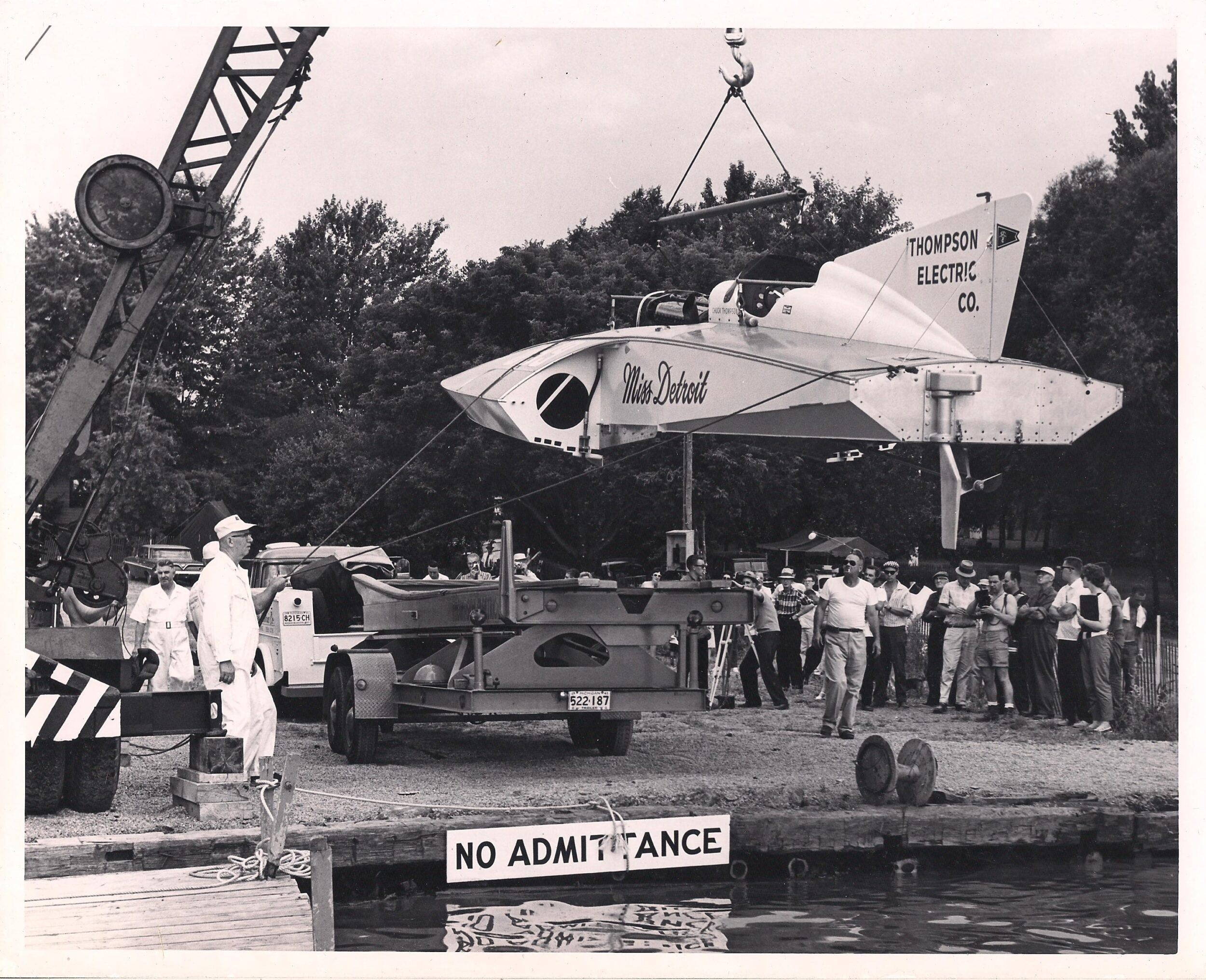 <p>Miss Detroit is lowered into the water on Picton Bay in 1961 in advance of that year’s Harsmworth Races. The craft was originally owned by  famed band leader Guy Lombardo and was known as Tempo VII. (Pat Hodgson photo)</p>
