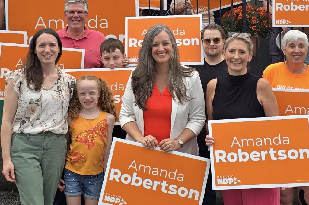 <p>(Left) Bay of Quinte NDP Candidate Amanda Robertson was joined by (Centre) Oshawa MPP Jennifer French in the riding last weekend. As critic of Infrastructure, Transportation, and Highways, Ms. French decried the downloading of County Road 49 to the municipality and pledged an NDP government would finally address the longstanding issue. (Supplied Photo)</p>
