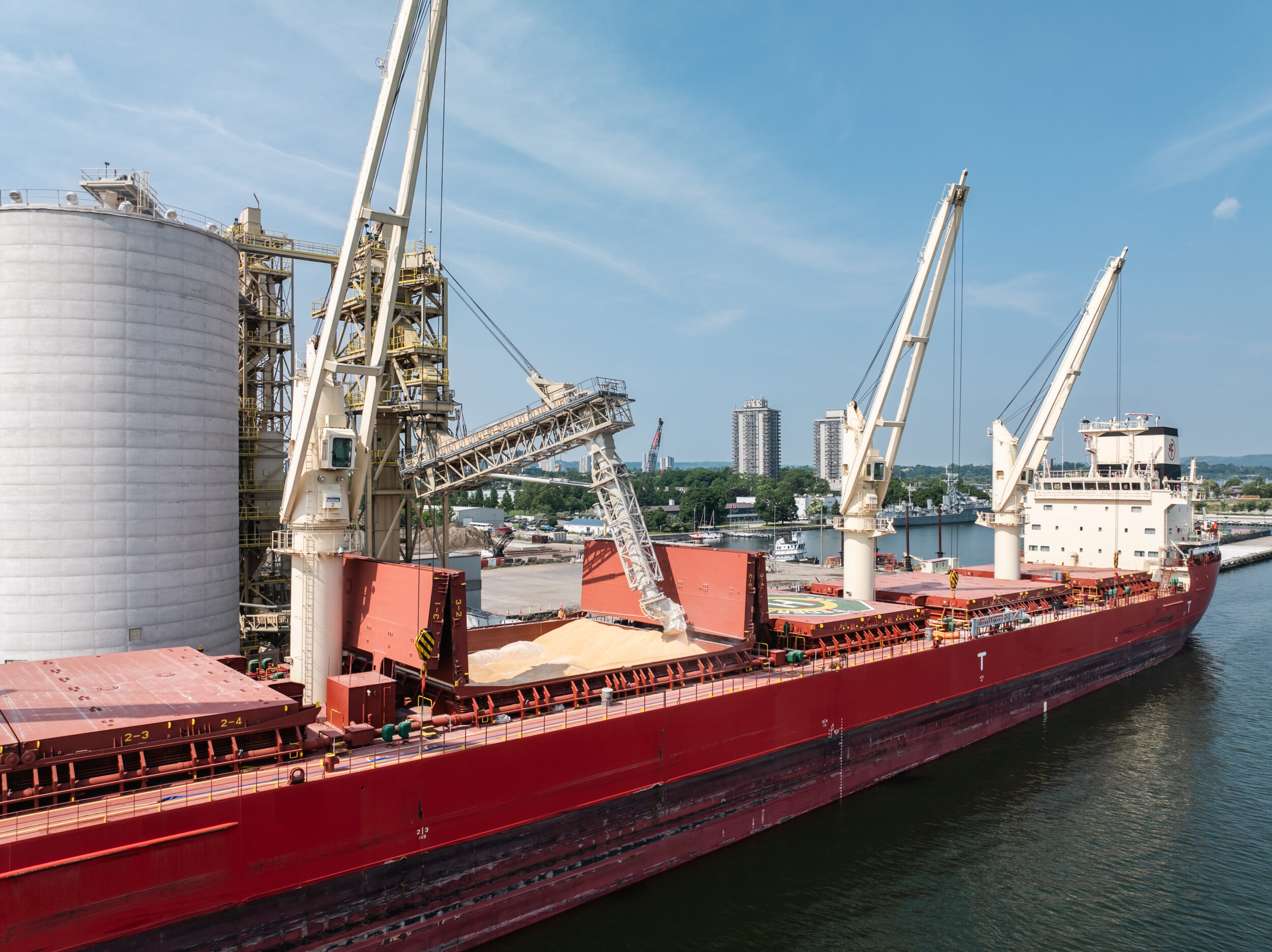 <p>P & H loads corn at Hamilton Harbour with a specially designed dust-suppressing grain spout. (Photo Supplied)</p>
