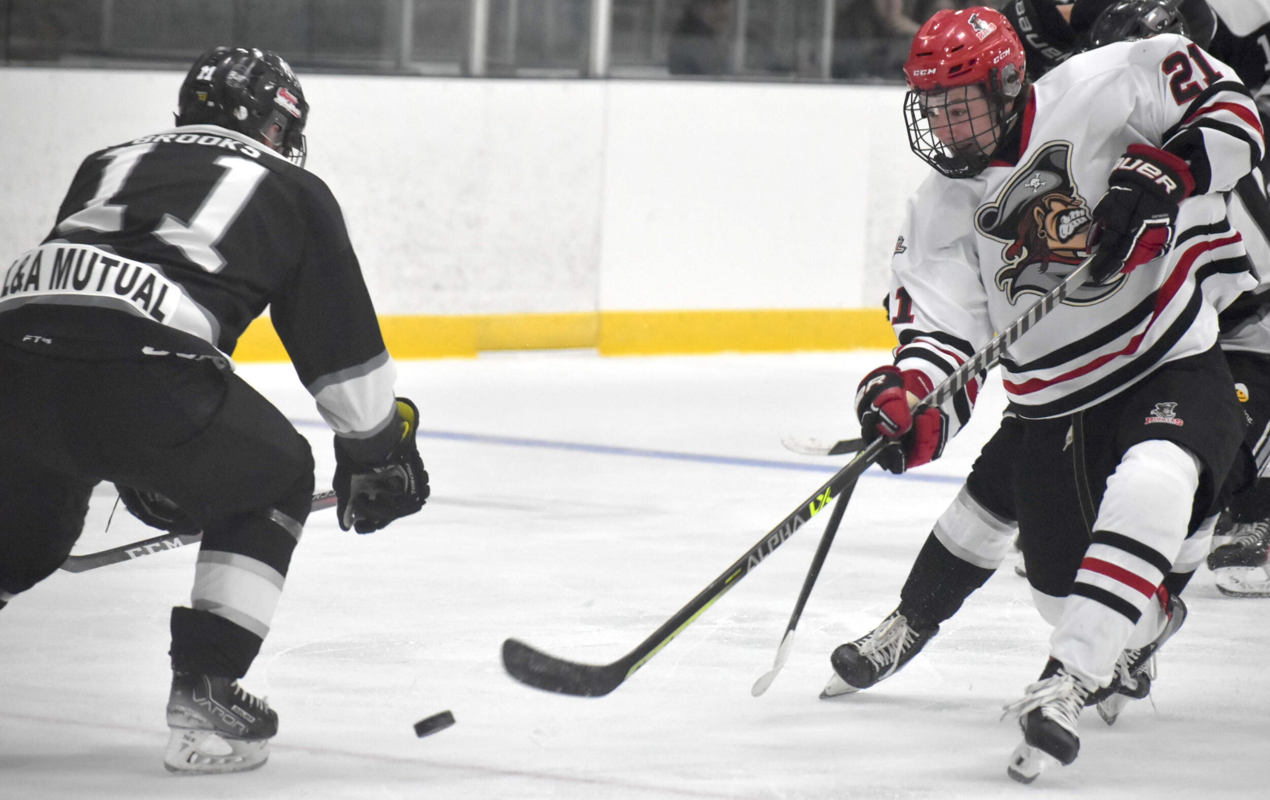 <p>Picton’s Luc Amat gets a shot off agaisnt Napanee Raiders defender Connor Brooks. Mr. Amat scored two goals in two games this weekend to help lead the club to their second and third wins of the season. (Jason Parks/Gazette Staff)</p>
