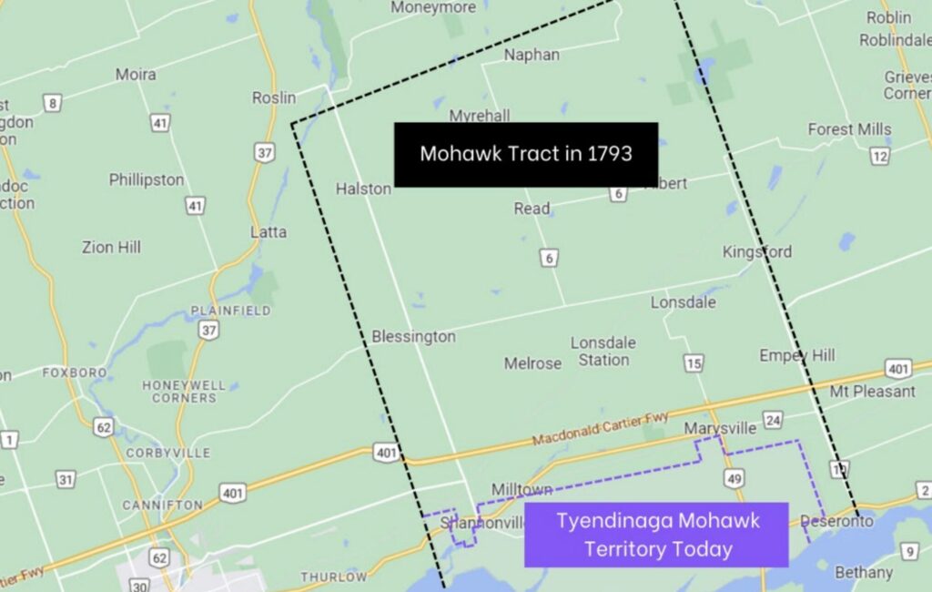 <p>On 1 April 1793, Upper Canada Lieutenant-Governor John Graves Simcoe executed Treaty 31⁄2 or the Simcoe Deed. It granted the Mohawk<br />
Tract. The area was about the size of a township, 92,700 acres (375 square kilometres) on the Bay of Quinte. Between 1820 and 1843, however, Loyalist settlers continued to arrive and the Mohawk Tract was whittled away. It was reduced to 18,000 acres (73 square kilometres) within a few decades.</p>
