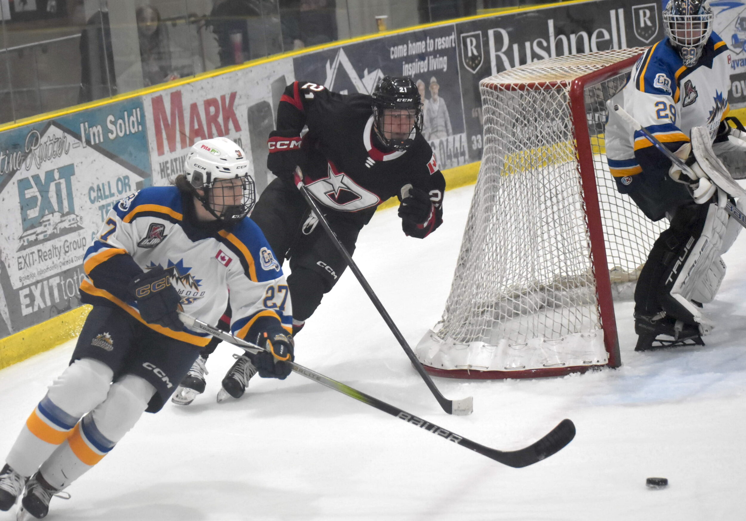 <p>Dukes forward Ben Vreugdenhil chases Collingwood skater Hudson Martin during the first period of Sunday’s 3-2 loss by Wellington. (Jason Parks/Gazette Staff)</p>
