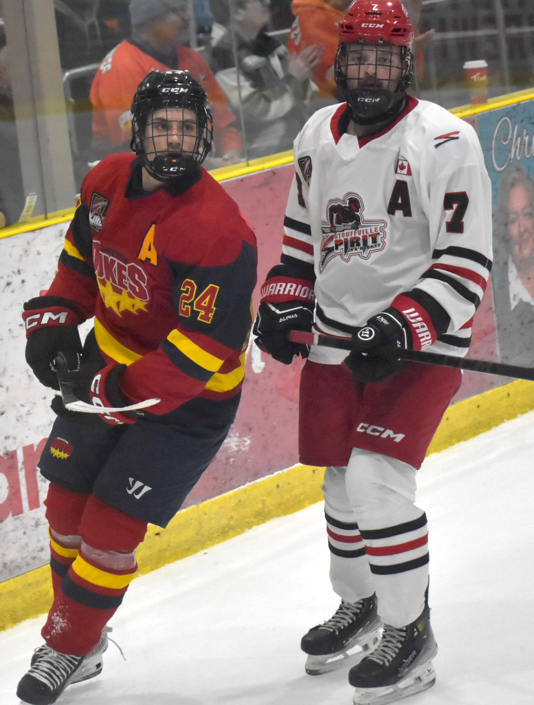 <p>Wellington’s Ryan Schaap looks to the stands of Lehigh Arena after scoring his 6th goal of the season Friday night. Wellington won twice this weekend, coming back late in the third period and besting the Stoufville Spirit and St. Mike’s Buzzers in overtime. (Jason Parks/Gazette Staff)</p>
