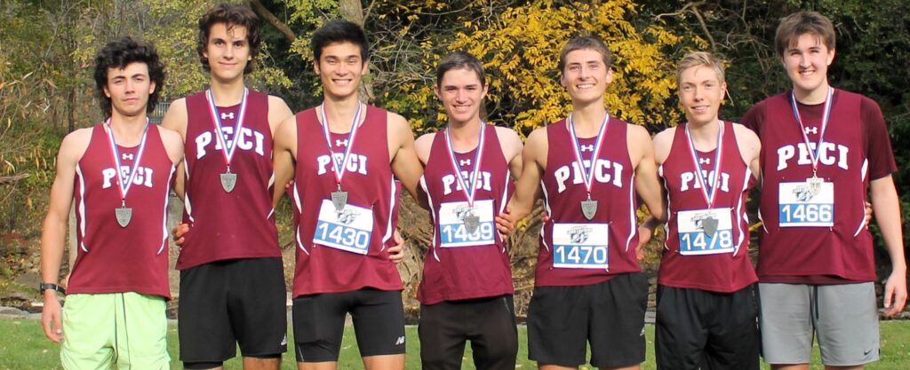 <p>The PECI Senior Boys Cross Country team consisting of (From Left) Carter Kingsley, Declan Vincent, Rowan Colby, Ethan Thompson, Josh McGill, Derek Quick and Jace MacDonald took silver at the Central Ontario championships in Peterborough Oct. 23. (Supplied Photo)</p>
