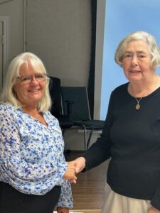 <p>Hospital Auxiliary Chair Susan Quaiff recognizes Sue Law’s decades of service to the PECMHA. (Supplied Photo)</p>
