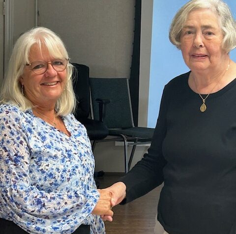 <p>Hospital Auxiliary Chair Susan Quaiff recognizes Sue Law’s decades of service to the PECMHA. (Supplied Photo)</p>
