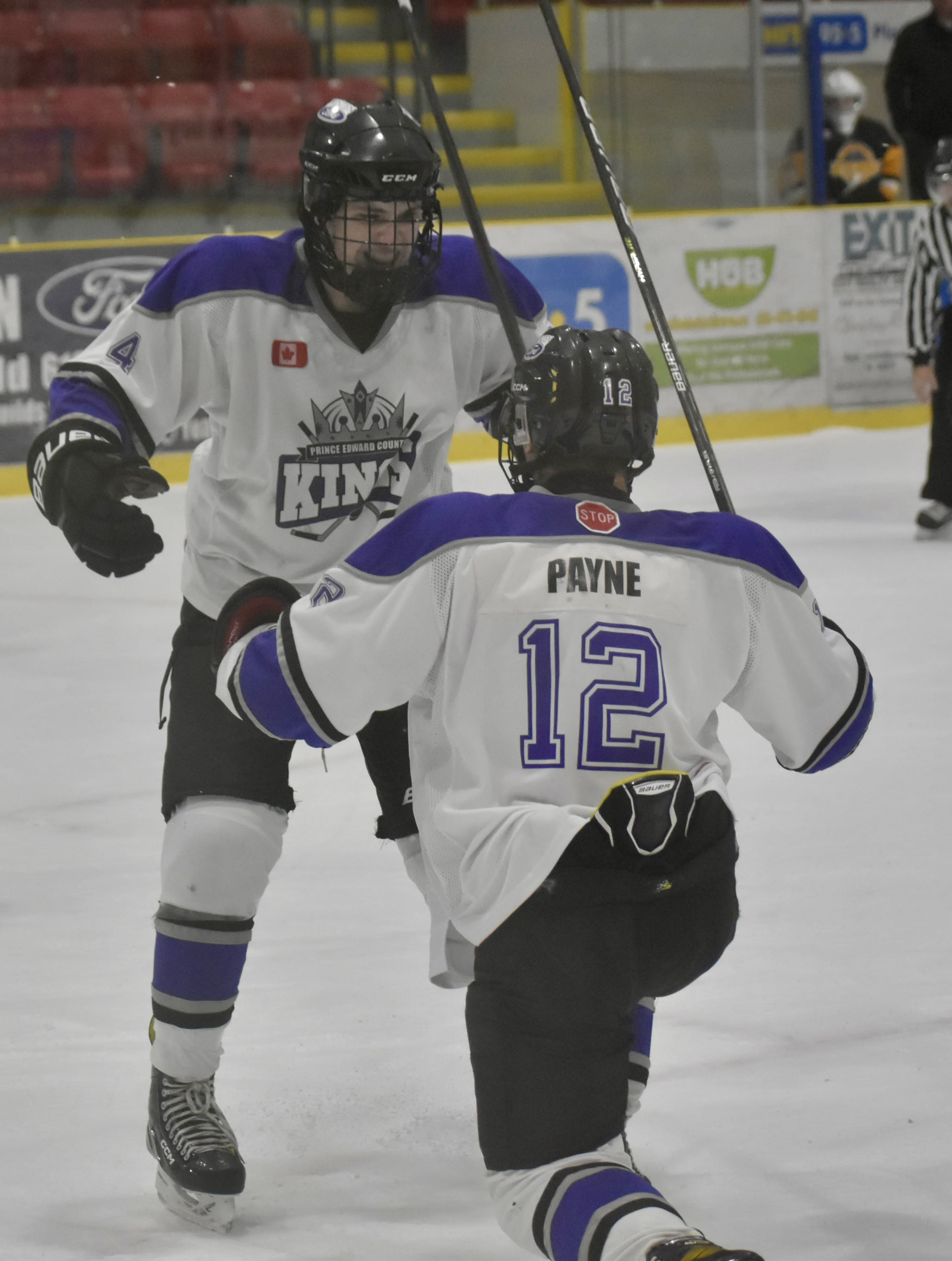 <p>(From Left) Ty Doolan and Jackson Payne celebrate a U18 Kings goal this weekend at the 2024 Milk Tournament. The Kings were nipped in a shootout by the Napanee Stars. (Jason Parks/Gazette Staff)</p>
