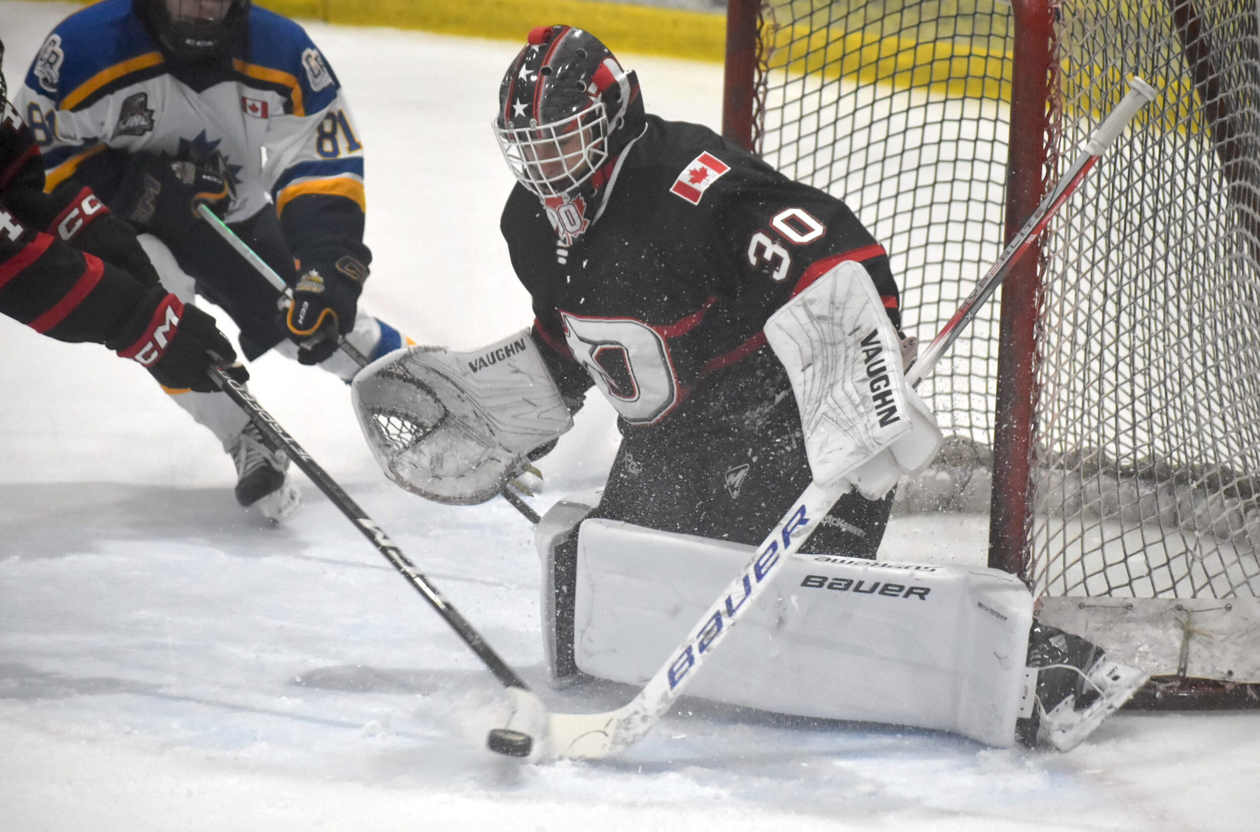 <p>Goaltender Jack Lisson makes a save during a game against the Collingwood Blues Oct. 6. Mr. Lisson has left the club for a team in the BCHL. (Jason Parks/Gazette Staff)</p>
