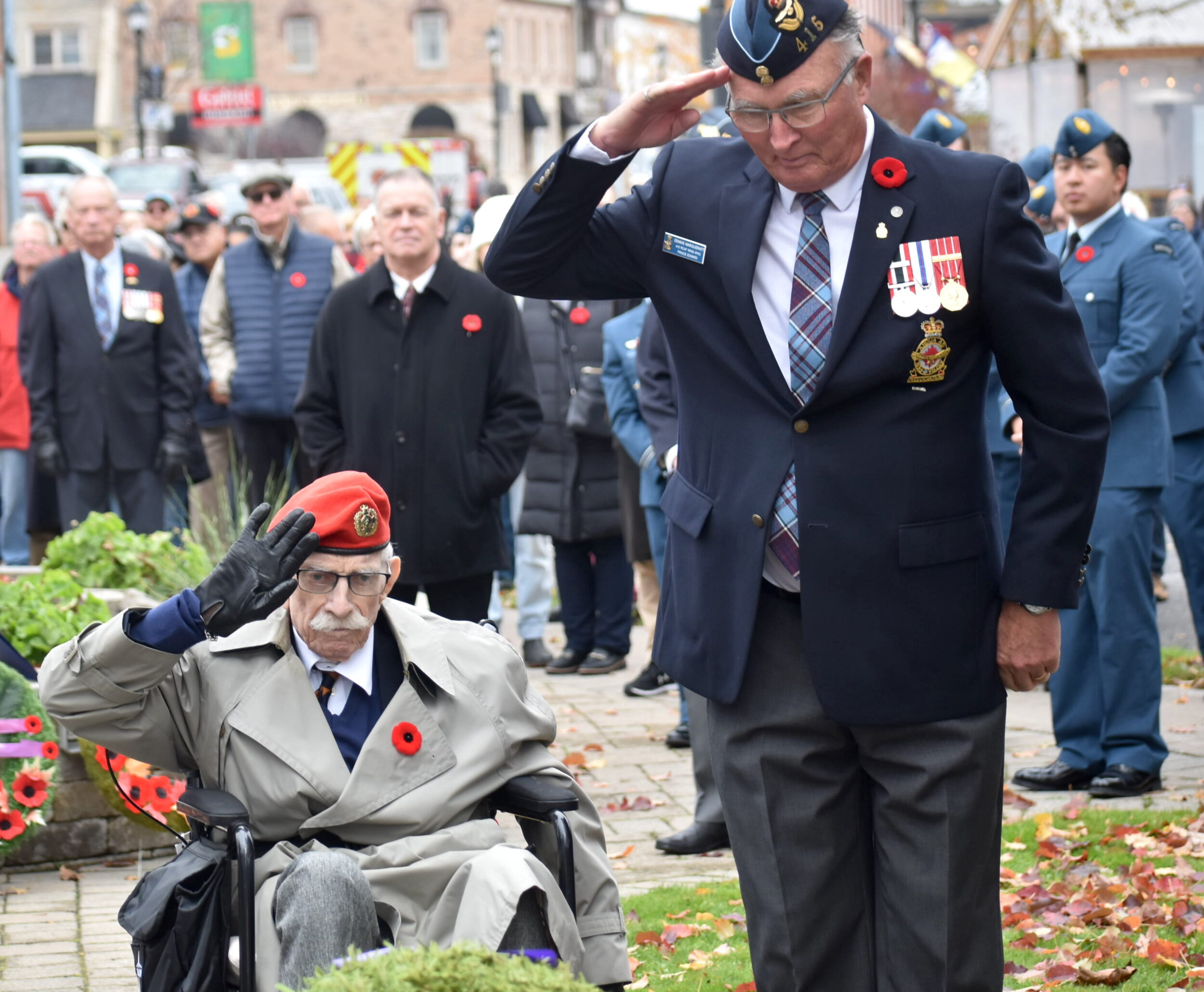 <p>Colonel John Inrig who served in the Hastings and Prince Edward Regiment and Dennis Margueratt of the 415 RCAF Wing Association salute the Hasty P’s wreath at the 2024 Remembrance Day Ceremonies in Picton. (Jason Parks/Gazette Staff)</p>
