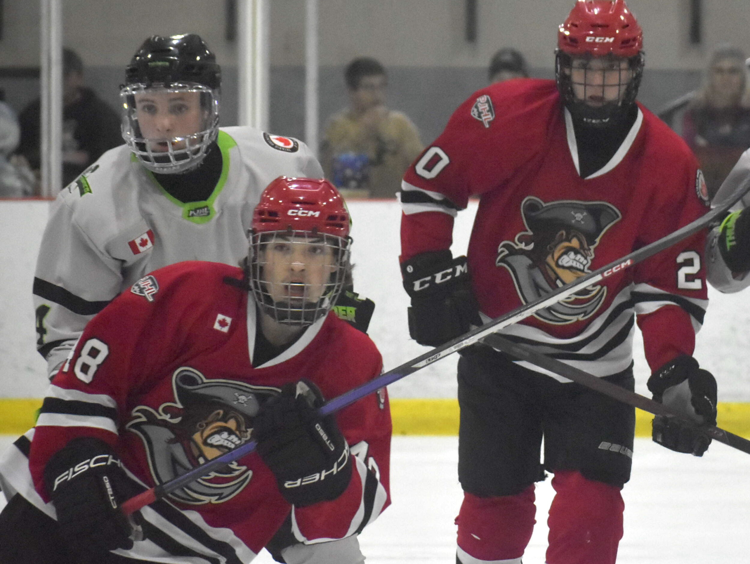 <p>Picton Pirates Sam McDonald and Kirk Stevenson scored Friday night in the club’s 7-2 win over host Port Hope. (Jason Parks/Gazette Staff)</p>
