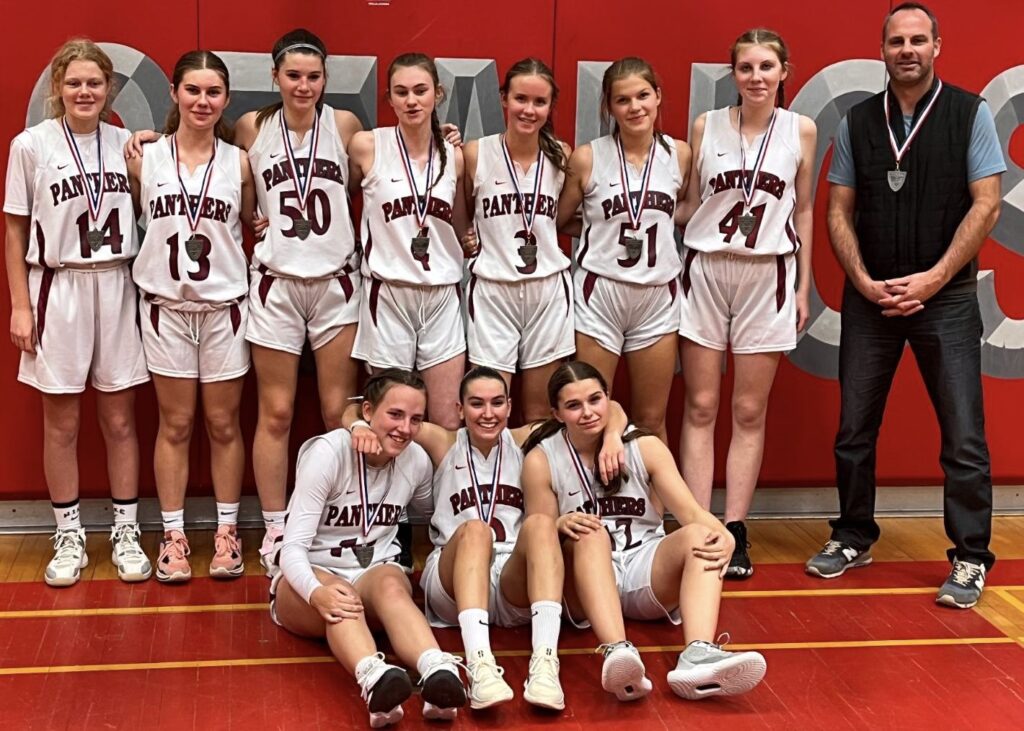 <p>The 2024 Central Ontario Junior Girls Basketball Silver Medal winners  from PECI: (Back L-R) Alia Vader, Molly Carrol, Abby Rumig, Kya Walmsley, Sadie Rees, Sophie Caissie, Jessie Davis, Coach Nathan Vader, (Front L-R) Chloe Lucas, Carmen Gonzalez, Averie Cole. (Supplied Photo)</p>
