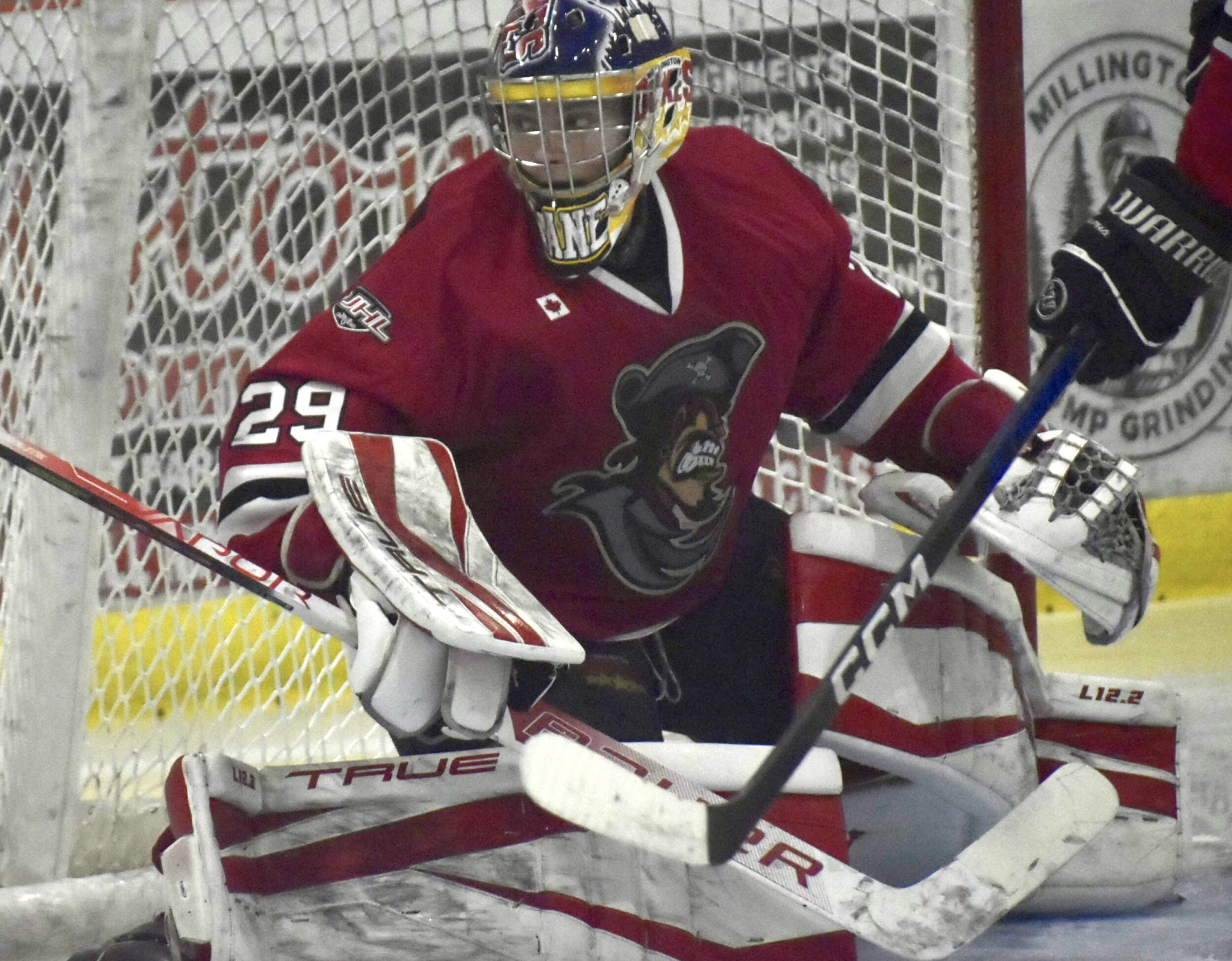 <p>Picton Pirates netminder Nolan Lane surrendered two goals in two games this weekend. (Jason Parks/Gazette Staff)</p>
