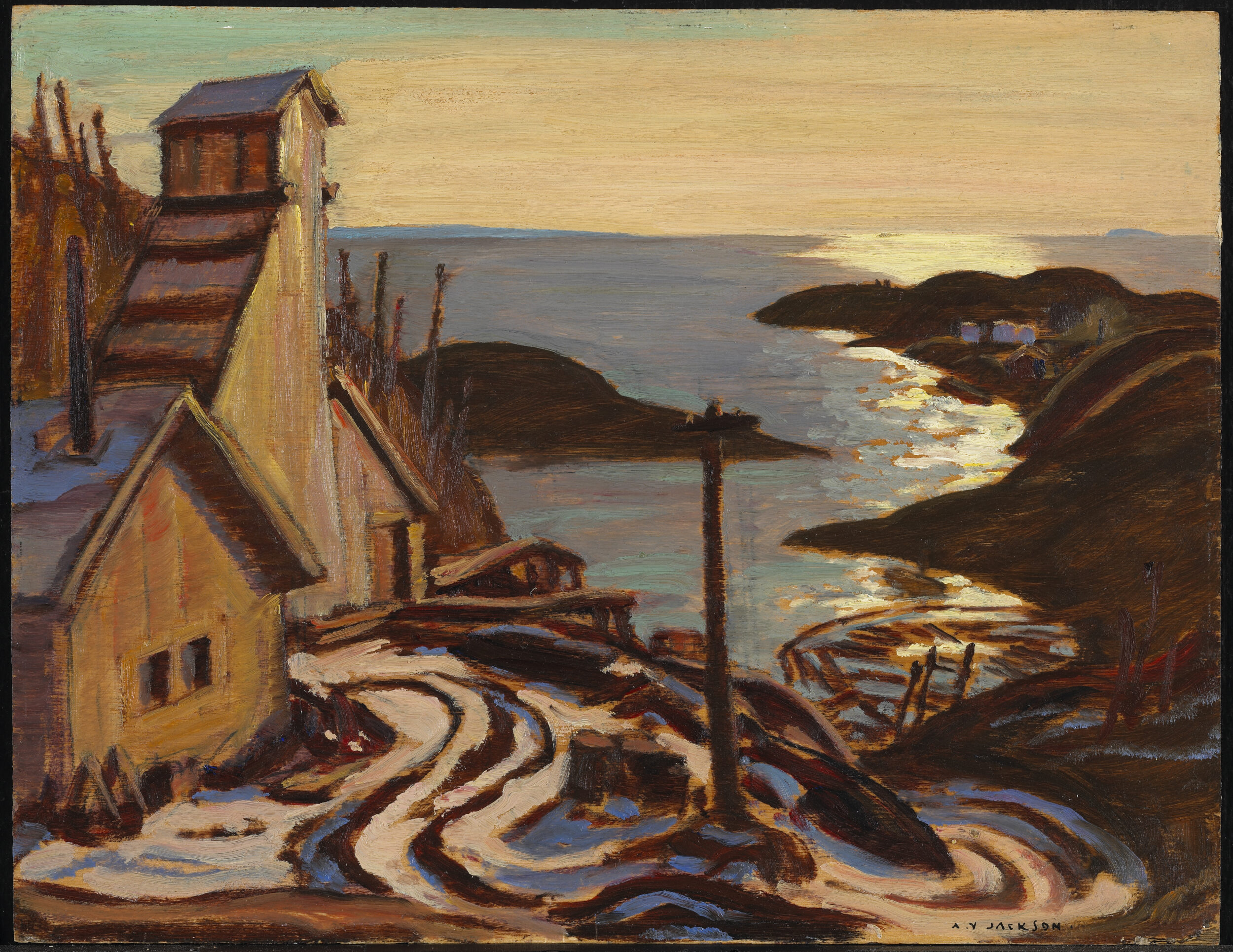 <p>Group of Seven founder A.Y. Jackson was a friend of the prospector Gilbert Labine, and made many trips with him to Port Radium, fascinated by the remote landscape. A. Y. Jackson, Radium Mine, Great Bear Lake, 1938. Oil on wood. (National Gallery of Canada)</p>
