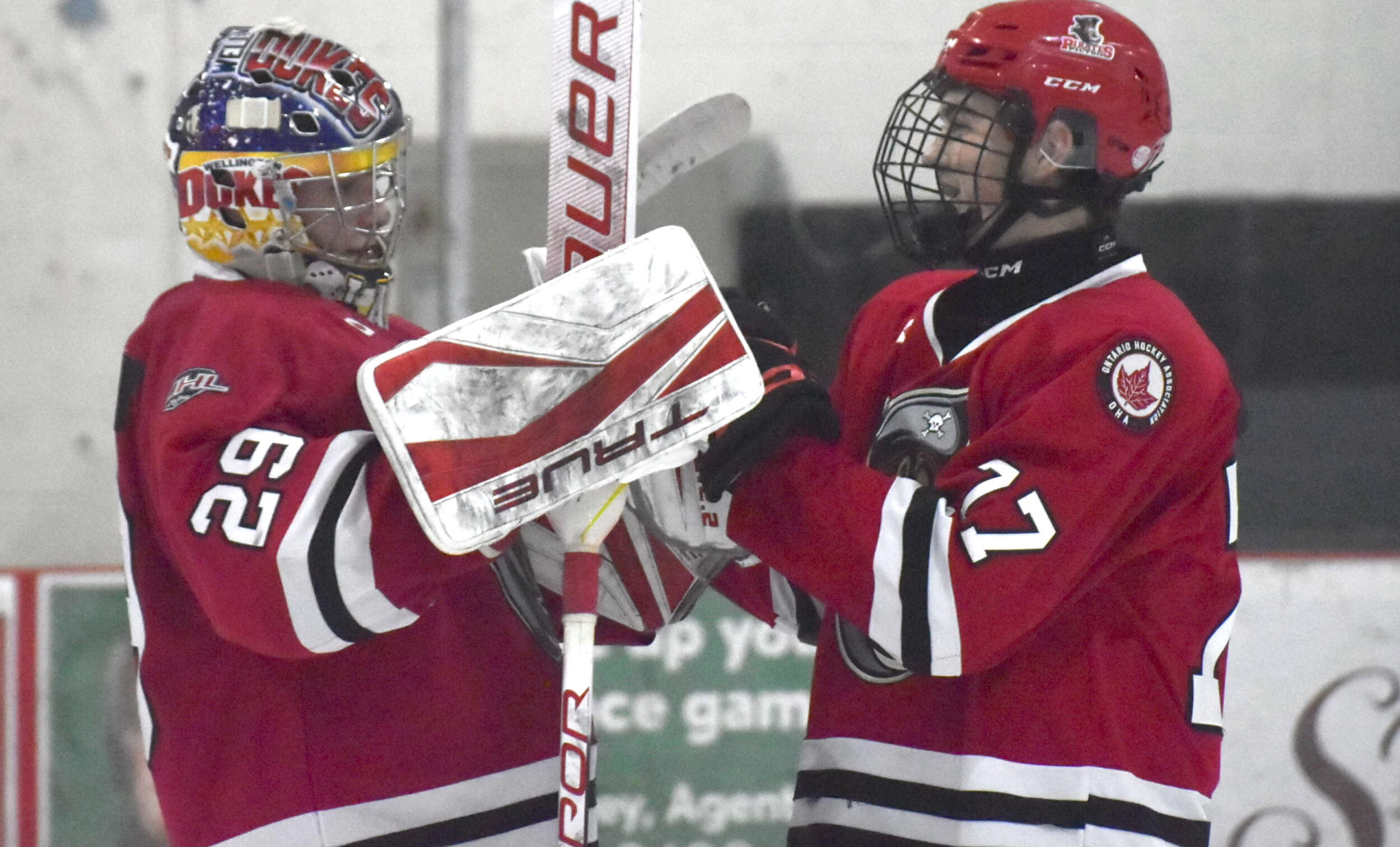 <p>Picton Pirates defenceman Issac Krentz congratulates netminder Nolan Lane after another Picton victory. The Pirates are 9-1-1 in their last 11 games. (Jason Parks/Gazette Staff)</p>
