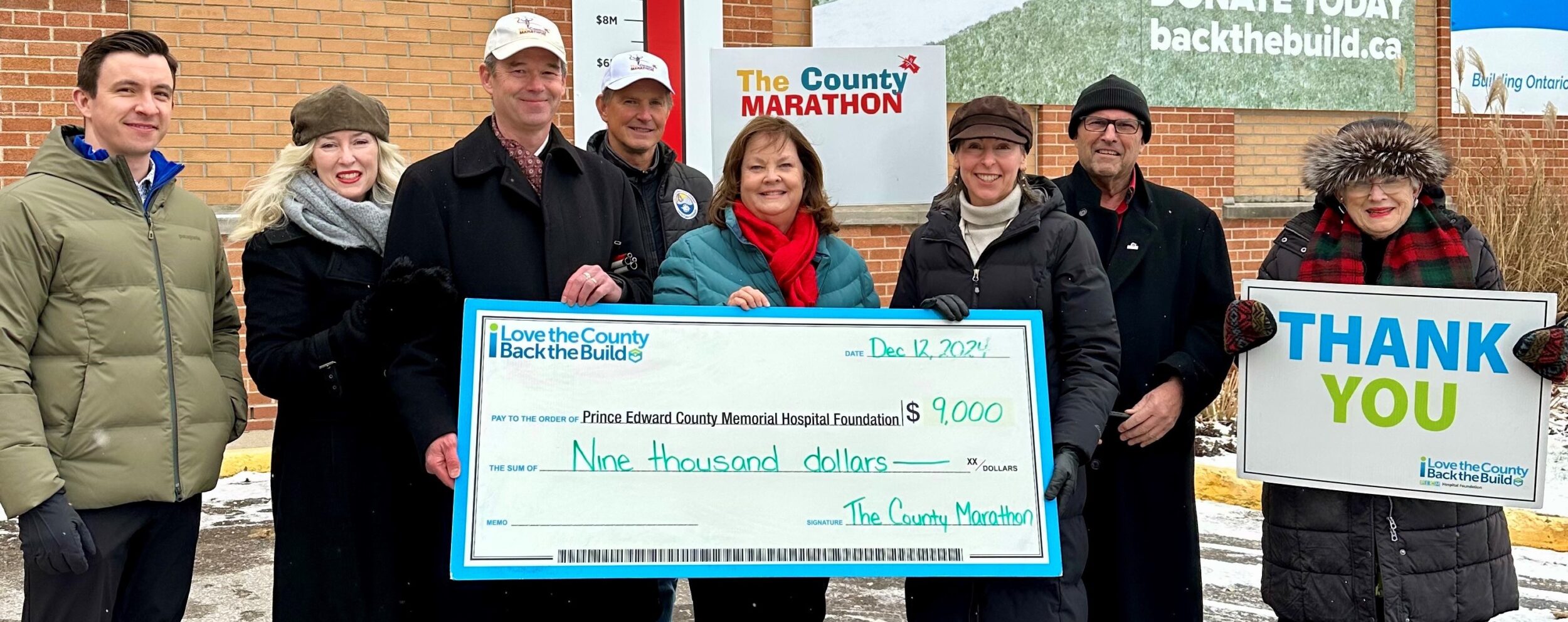 <p>Colin Gillis, McDougall Insurance; Trish McLean, Brian McLean, Tim Johnson, County Marathon; Nancy Parks, Back the Build; Shannon Coull, PECMH Foundation; Mayor Steve Ferguson; Libby Crombie, Back the Build. (Photo by Briar Boyce)</p>
